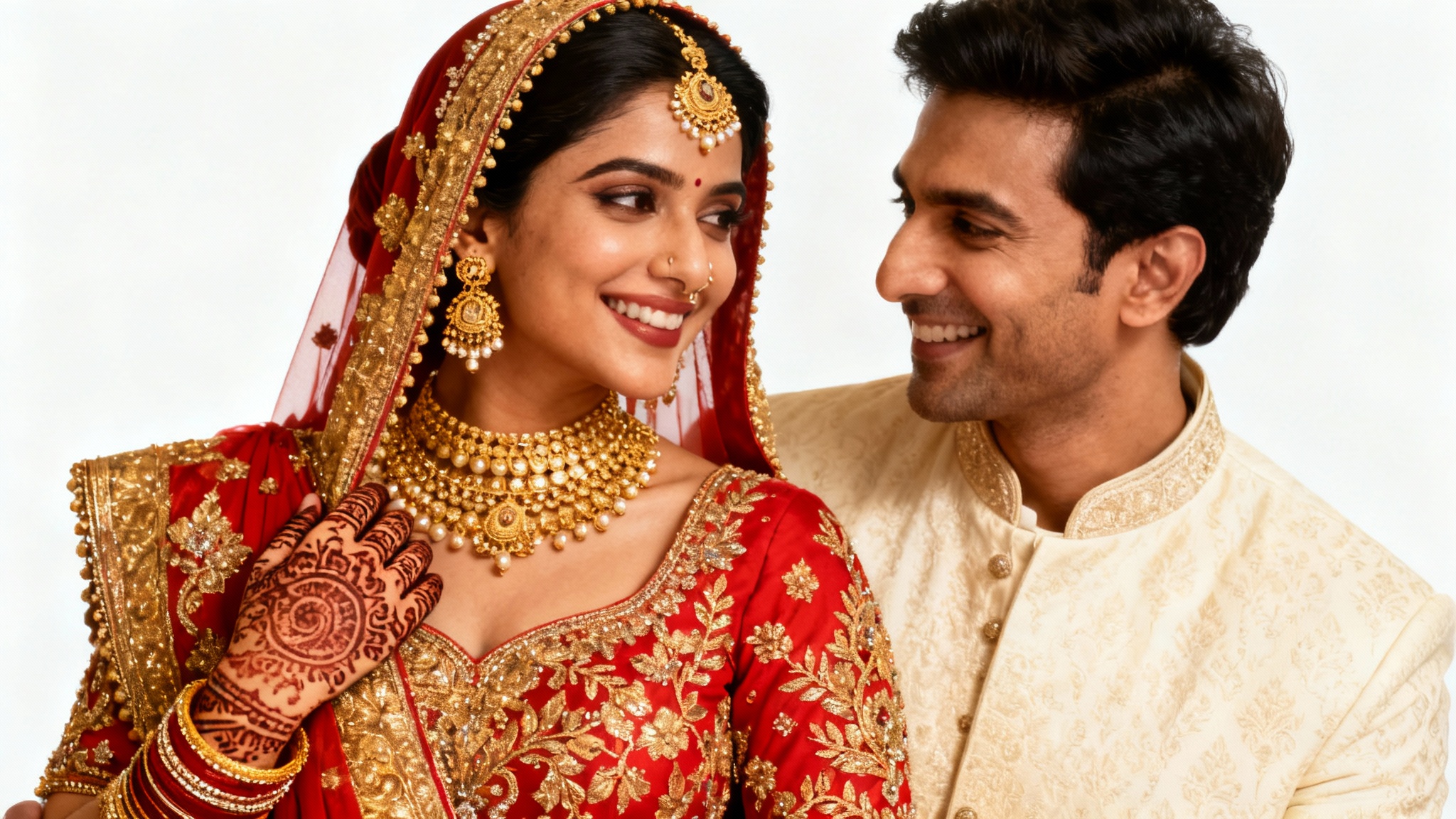 A beautifully color-graded portrait of an Indian couple on their wedding day, dressed in traditional attire, smiling at each other against a plain white background.