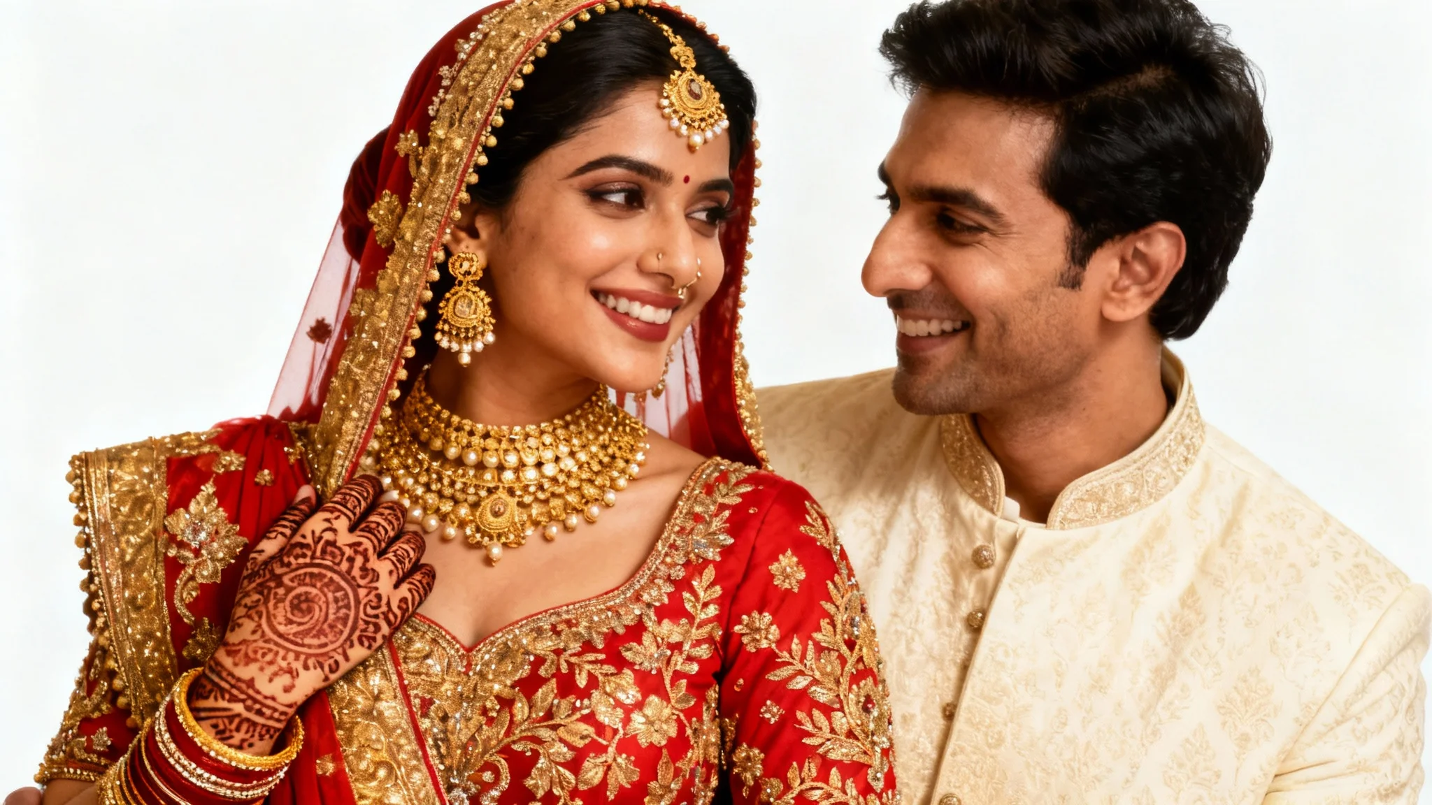 A beautifully color-graded portrait of an Indian couple on their wedding day, dressed in traditional attire, smiling at each other against a plain white background.
