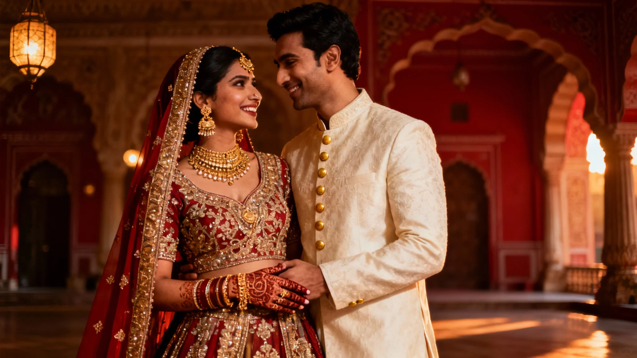 A professionally color-graded, cinematic photo of a smiling Indian bride and groom in traditional wedding attire, showcasing a warm and rich color palette.