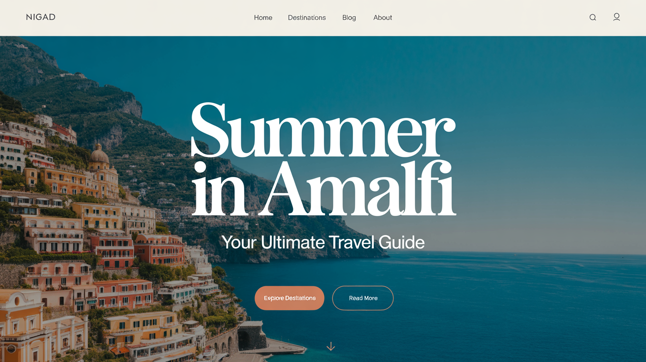 A professionally designed blog banner showing a beautiful photo of the Amalfi coast, with the title 'Summer in Amalfi' and subtitle 'Your Ultimate Travel Guide' in elegant, modern text.