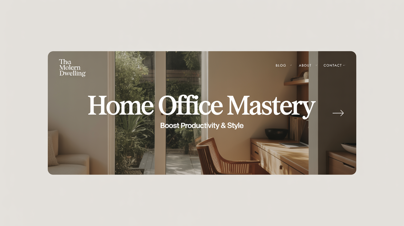 A mockup of a blog banner for a home and decor blog, featuring a photo of a modern home office and the title 'Home Office Mastery'.