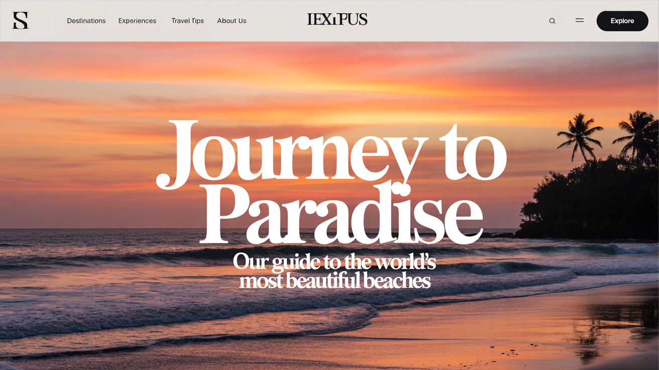 A mockup of a professionally designed blog banner for a travel blog. The banner shows a tropical beach at sunset and has text that reads 'Journey to Paradise'.