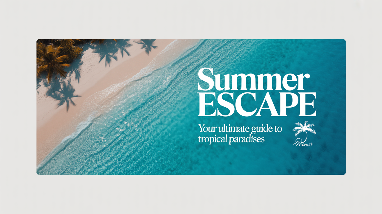A mockup of a blog banner with the title 'SUMMER ESCAPE' over a beautiful tropical beach photo, displayed on a clean white background.