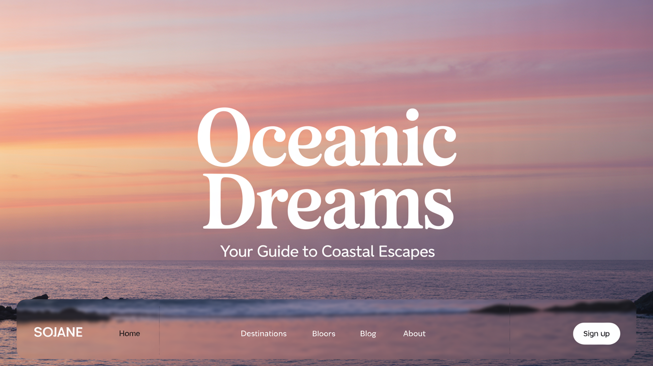 A mockup of a professionally designed blog banner for a travel blog named 'Oceanic Dreams', featuring a beautiful sunset over a beach, presented against a white background.
