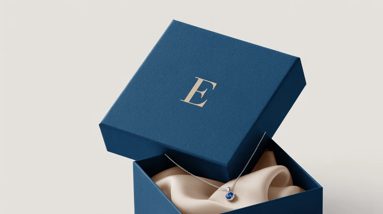 A high-end mockup of a navy blue jewelry gift box with a gold foil 'E' logo, open to show a silver sapphire necklace inside, against a white background.