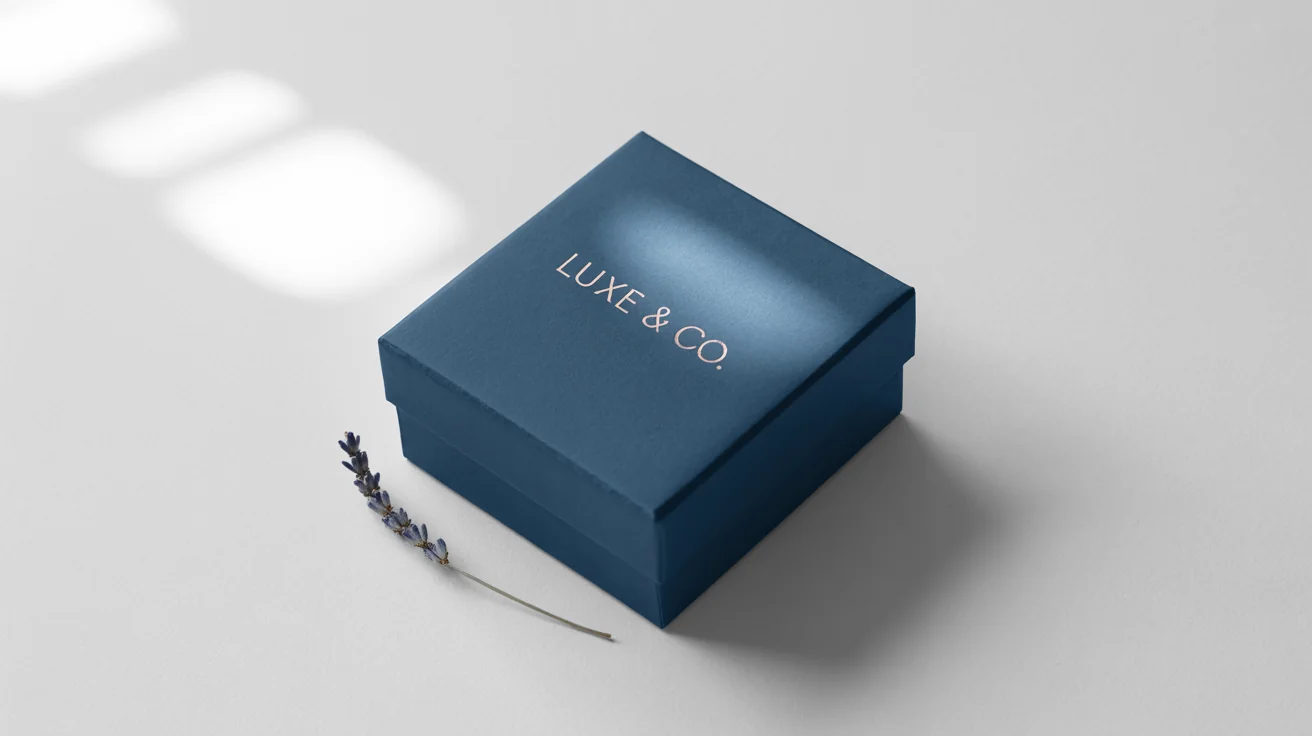 An elegant, navy blue jewelry gift box with 'Luxe & Co.' stamped in rose gold foil on the lid, shown from a three-quarter angle on a clean white background.
