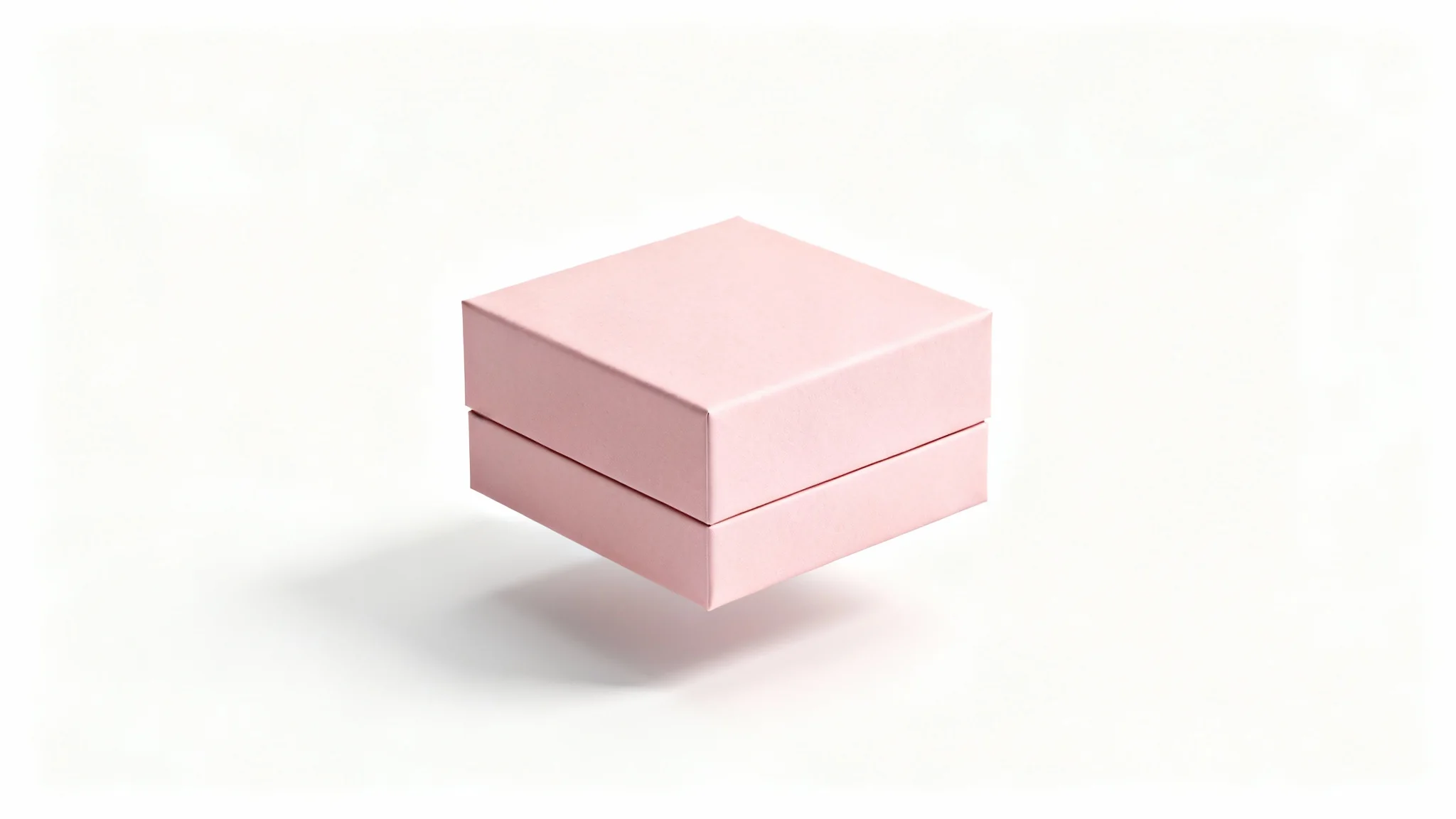 A photorealistic mockup of a closed, rectangular jewelry gift box in a soft pastel pink, presented in a clean studio setting against a pure white background.