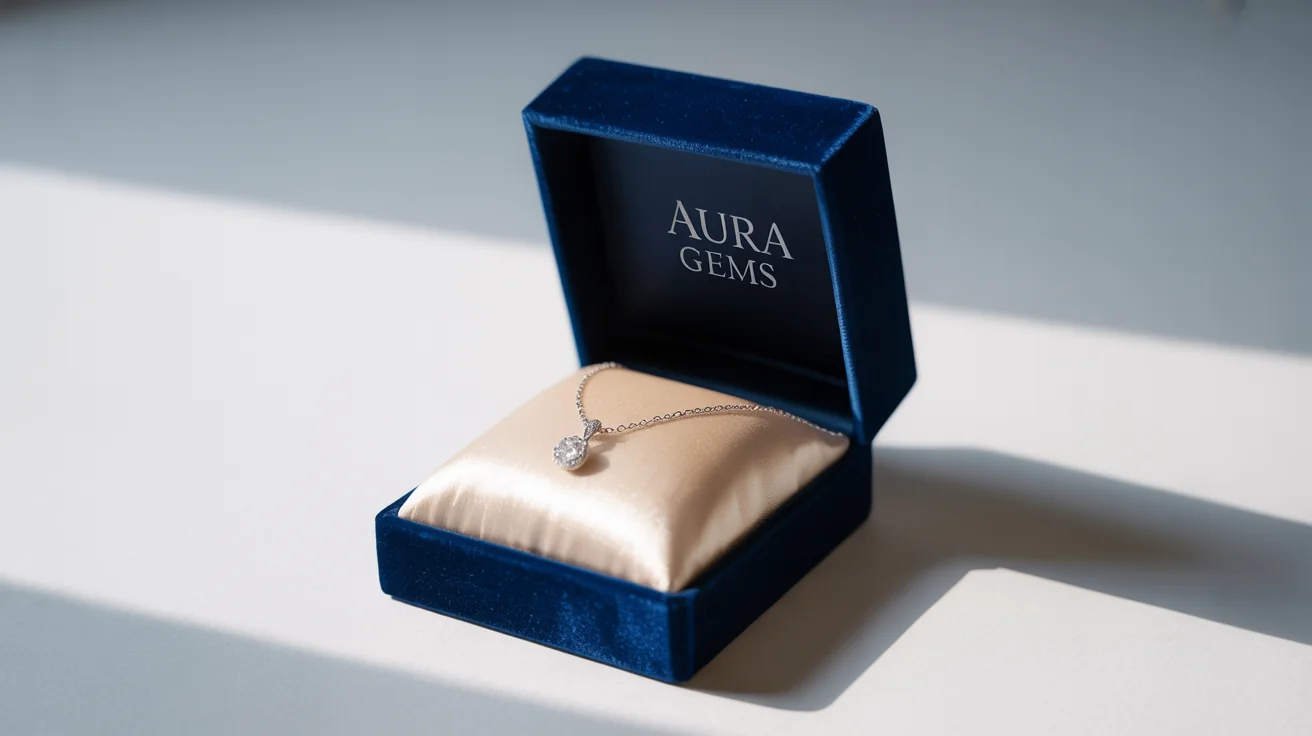 A luxurious navy blue velvet jewelry gift box mockup on a white background, slightly open to reveal a delicate silver necklace with a diamond pendant nestled in cream satin.