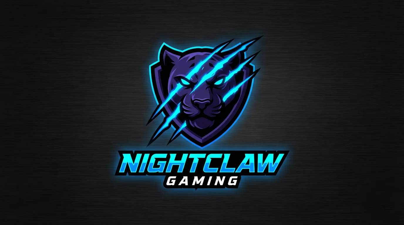 A professional logo for an e-sports team named 'NIGHTCLAW GAMING', featuring a black panther head with three glowing blue claw marks slashing across it on a dark background.