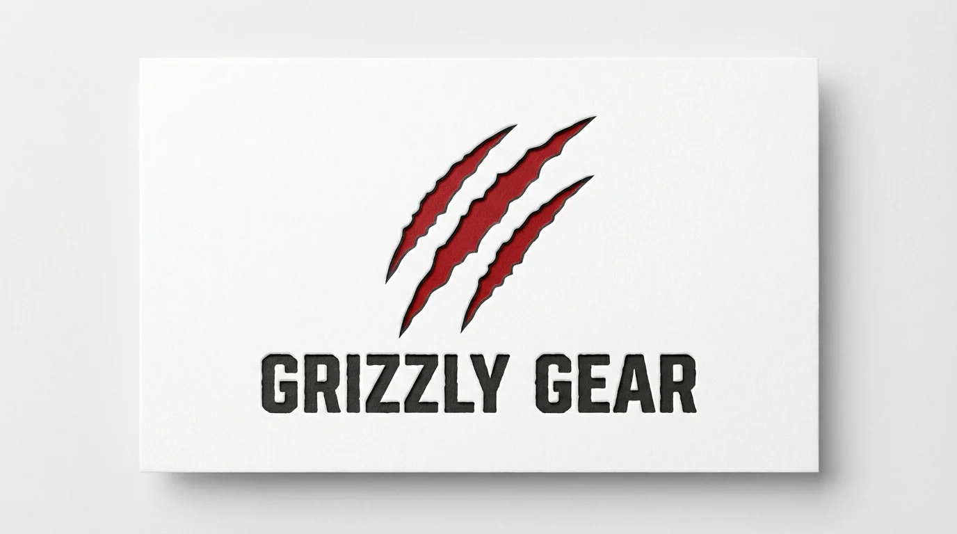A professional logo mockup of three red claw marks above the text 'GRIZZLY GEAR' in a rugged font, centered on a clean white background.