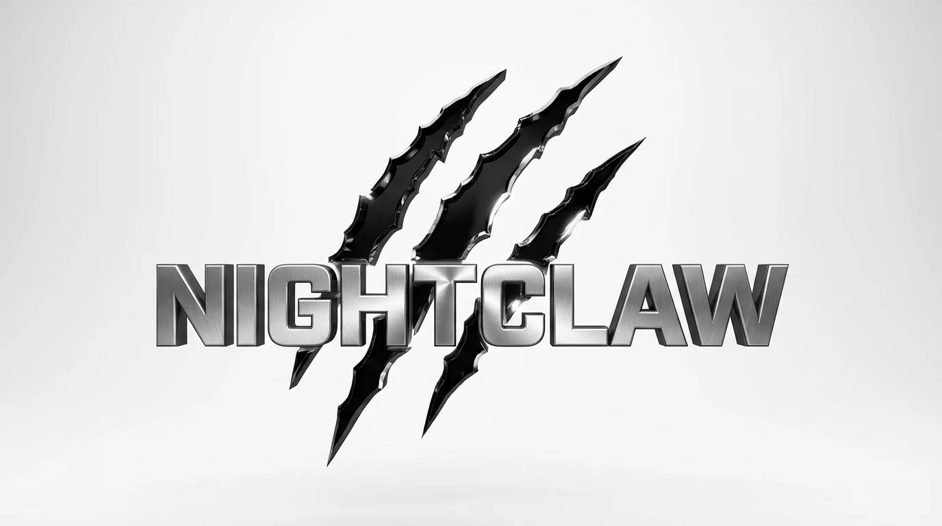 A 3D logo mockup of three black, glossy claw marks above the word 'NIGHTCLAW' in silver, set against a plain white background.