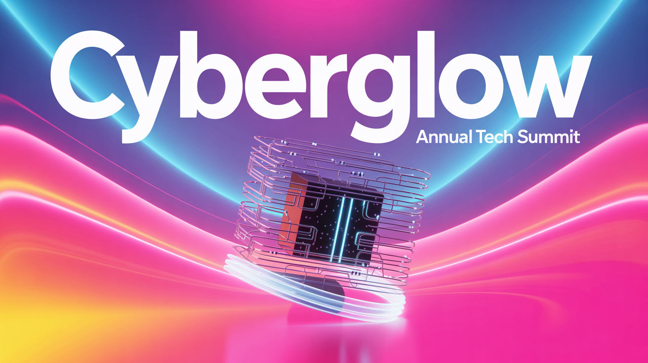 A digital banner with a vibrant blue-to-pink neon gradient background, featuring the words 'CYBERGLOW' and 'ANNUAL TECH SUMMIT' in modern white text at the center.