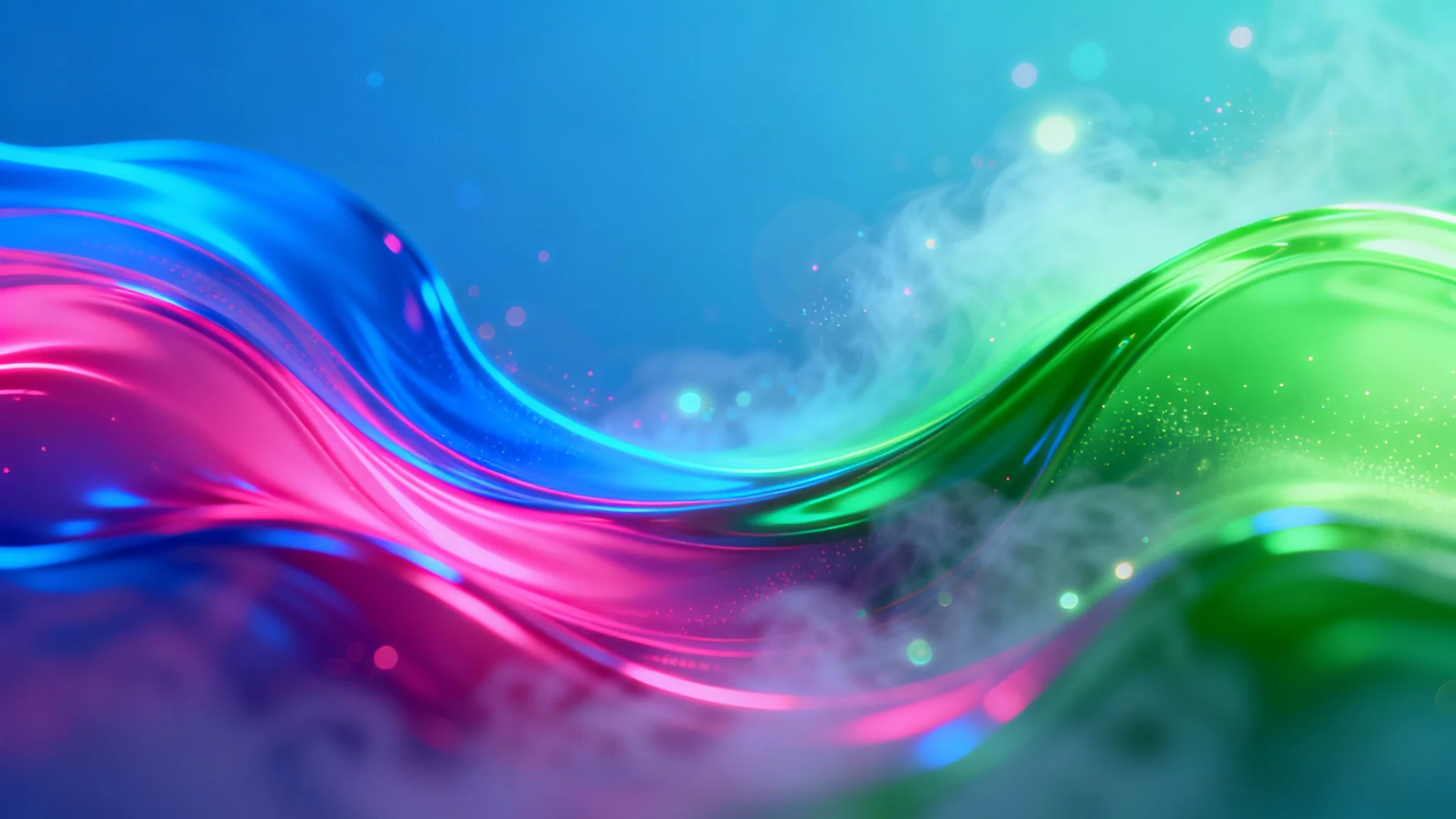 A vibrant, abstract neon gradient background with swirling colors of electric blue, hot pink, and green, creating a fluid and glowing effect.