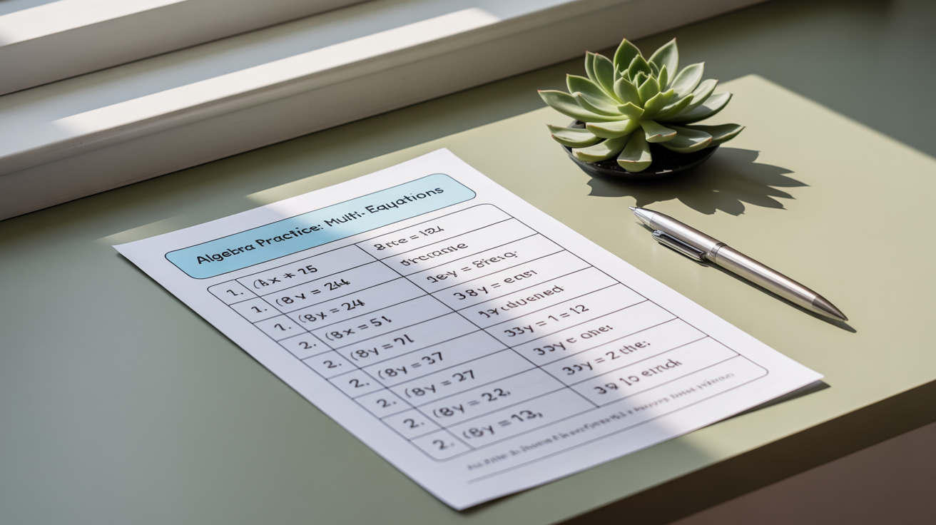 A professionally designed multi-step equations worksheet laid out on a clean surface, ready for a student to solve algebra problems.