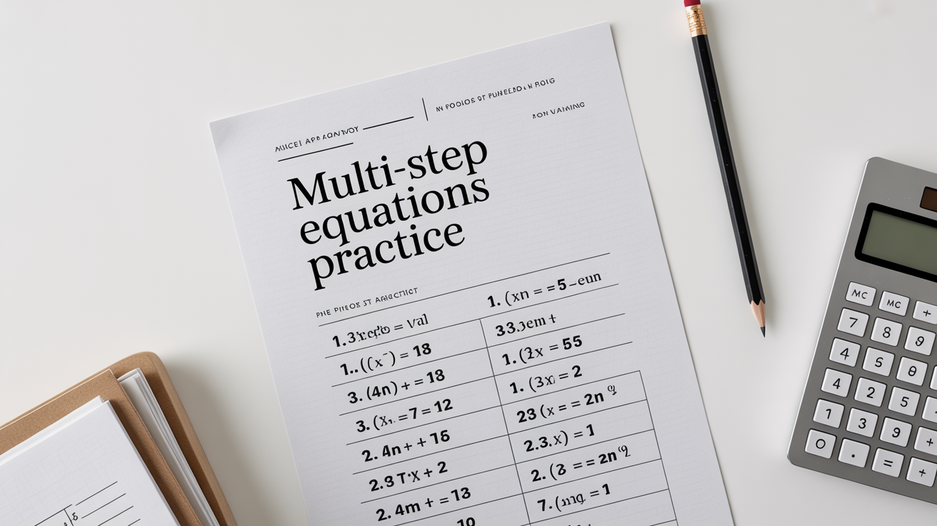 A multi-step equations math worksheet shown in a flat lay style on a white background, accompanied by a pencil and a calculator.