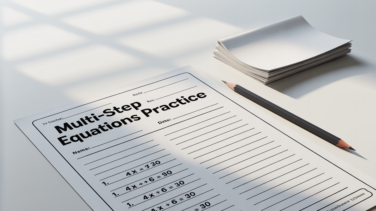 A professional-looking math worksheet titled 'Multi-Step Equations Practice' with several algebraic problems, shown with a pencil on a clean white background.