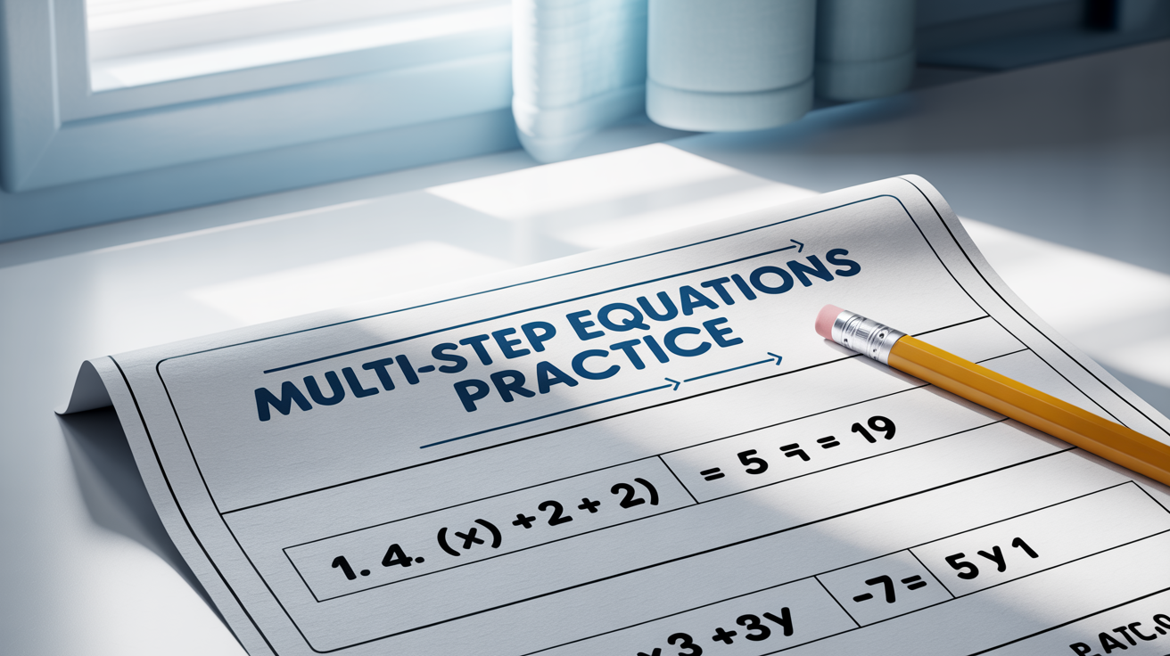 A multi-step equations math worksheet with several algebraic problems, shown on a clean white background with a yellow pencil next to it.