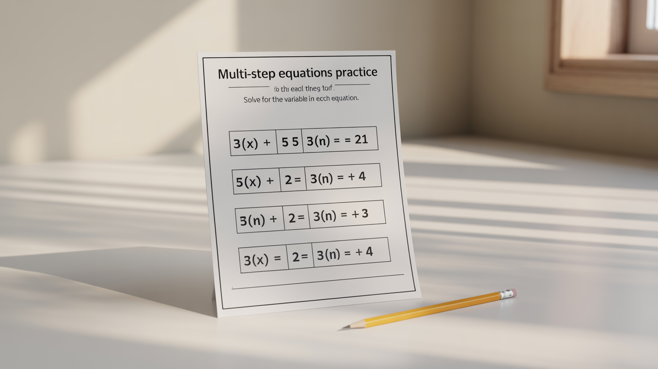 A professional mockup of a multi-step equations math worksheet, shown with a pencil on a clean white background, illustrating an educational resource.
