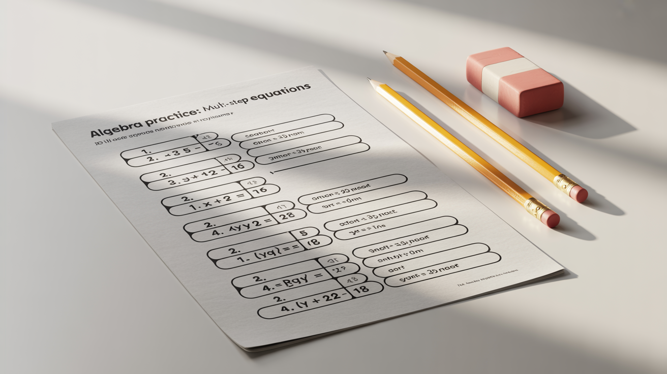A photorealistic image of a multi-step equations math worksheet with a pencil and eraser resting beside it on a plain white surface.