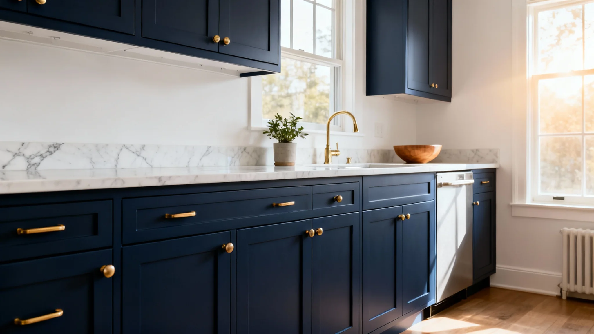 A beautifully designed modern kitchen with deep navy blue cabinets, white marble countertops, and brushed brass hardware, demonstrating the final result of a cabinet color visualization tool.