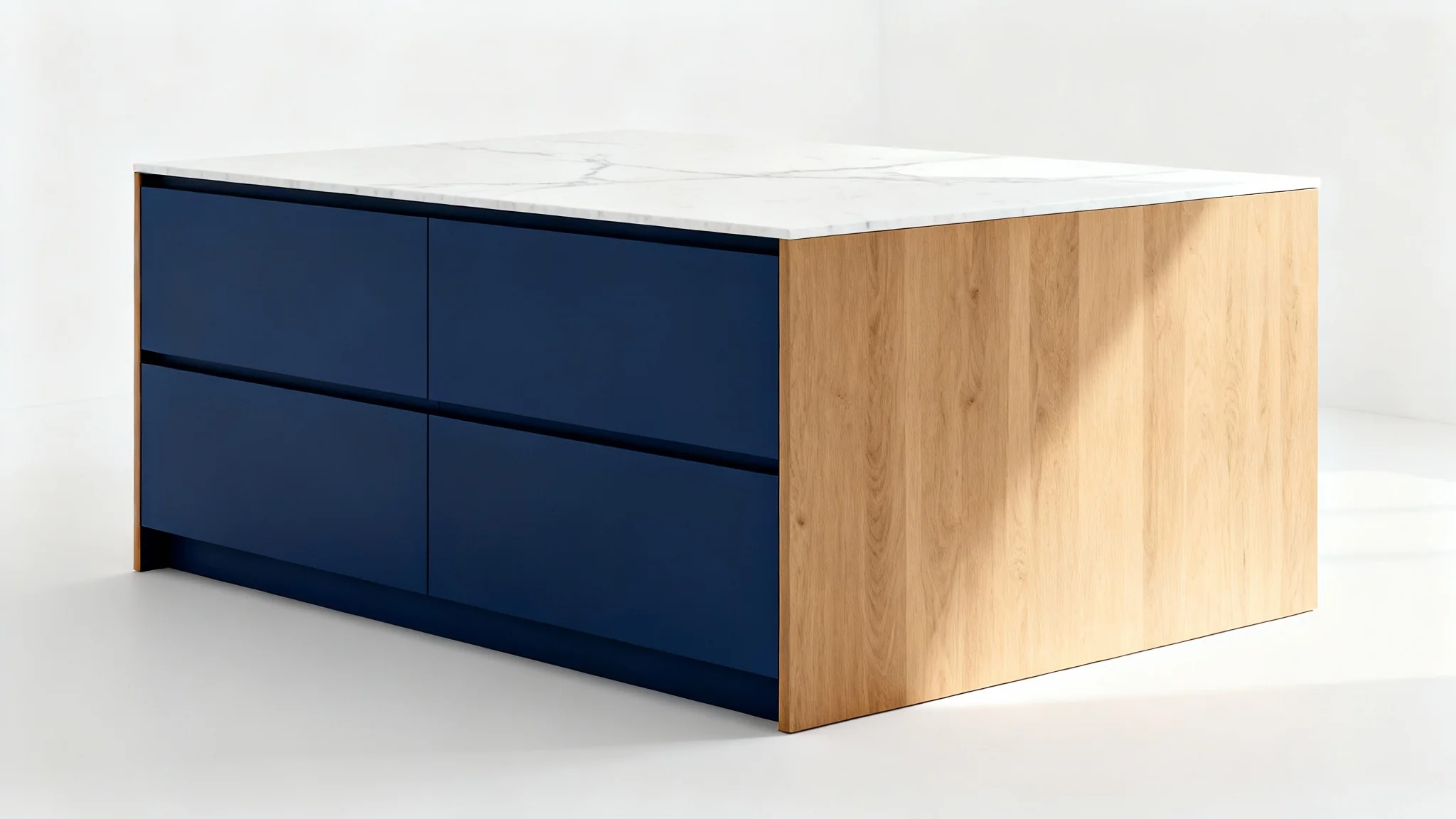 A photorealistic mockup of a modern kitchen island with two different cabinet colors, half in matte navy blue and half in light oak, set against a clean white background.