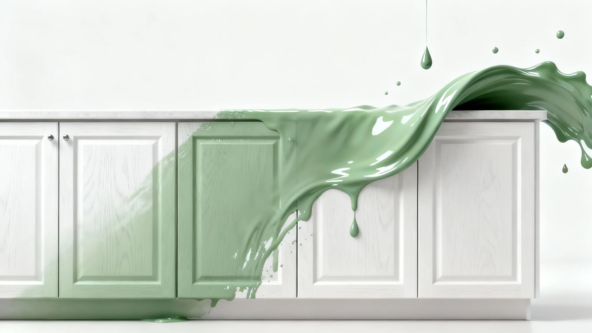 A set of clean, white kitchen cabinets being magically transformed with a splash of sage green paint, representing a cabinet color change tool.