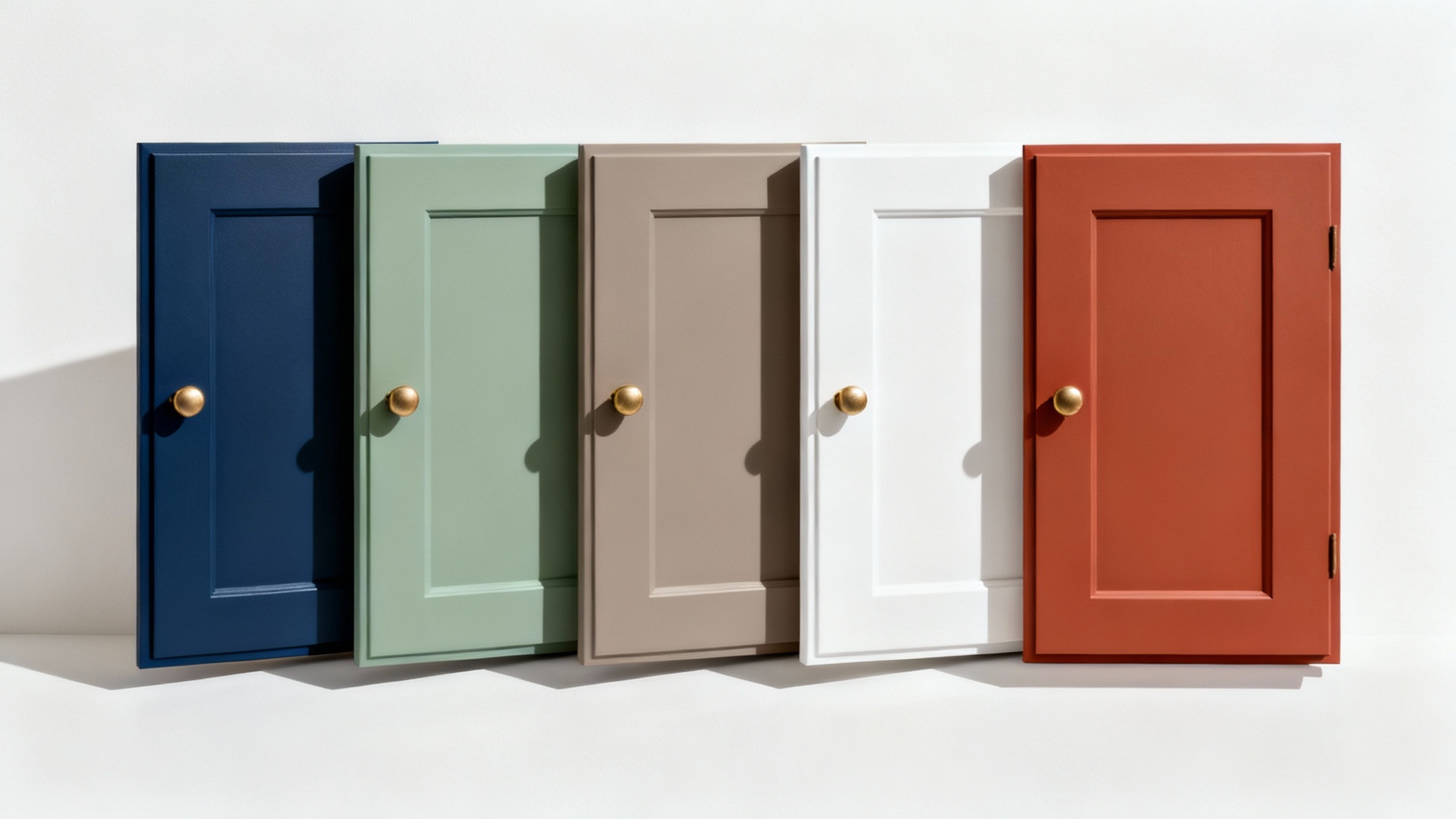 A photorealistic image displaying five sample cabinet doors in various colors, navy blue, sage green, greige, white, and terracotta, each with a brass knob, against a white background.
