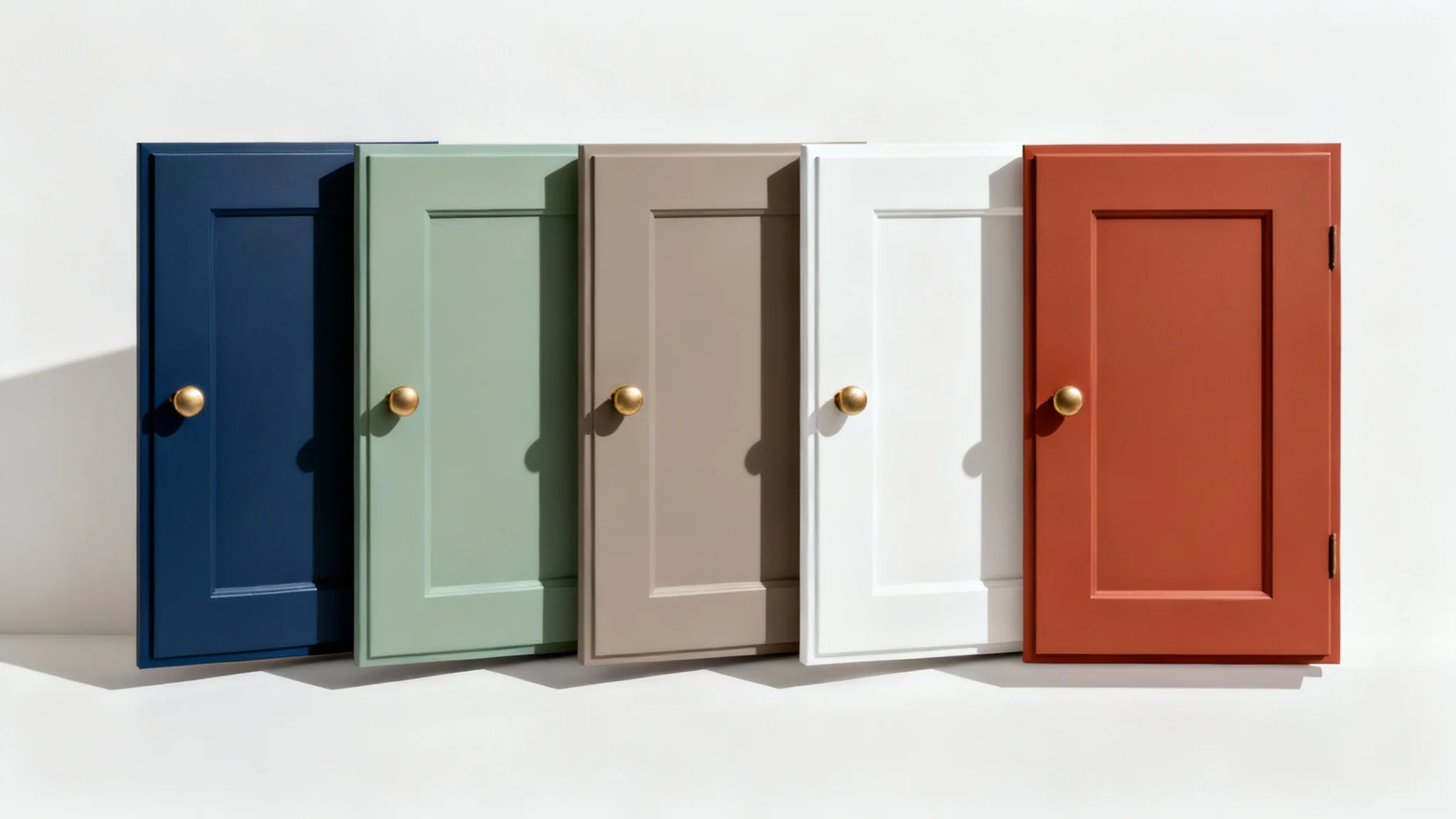 A photorealistic image displaying five sample cabinet doors in various colors, navy blue, sage green, greige, white, and terracotta, each with a brass knob, against a white background.