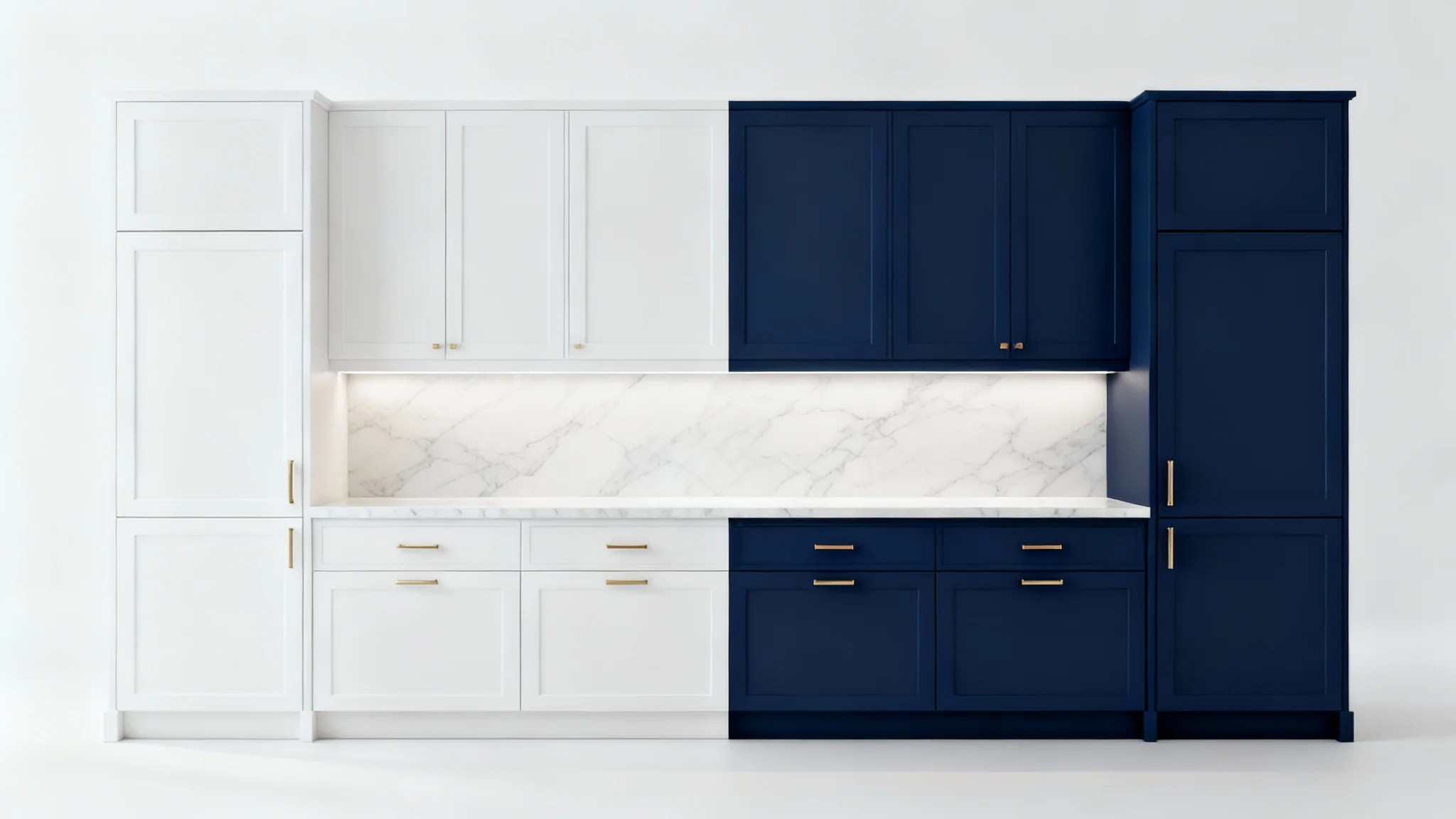 A split-view image of a modern kitchen showing a cabinet color change. The left side has white cabinets, and the right side has the same cabinets in a deep navy blue, demonstrating a color transformation.