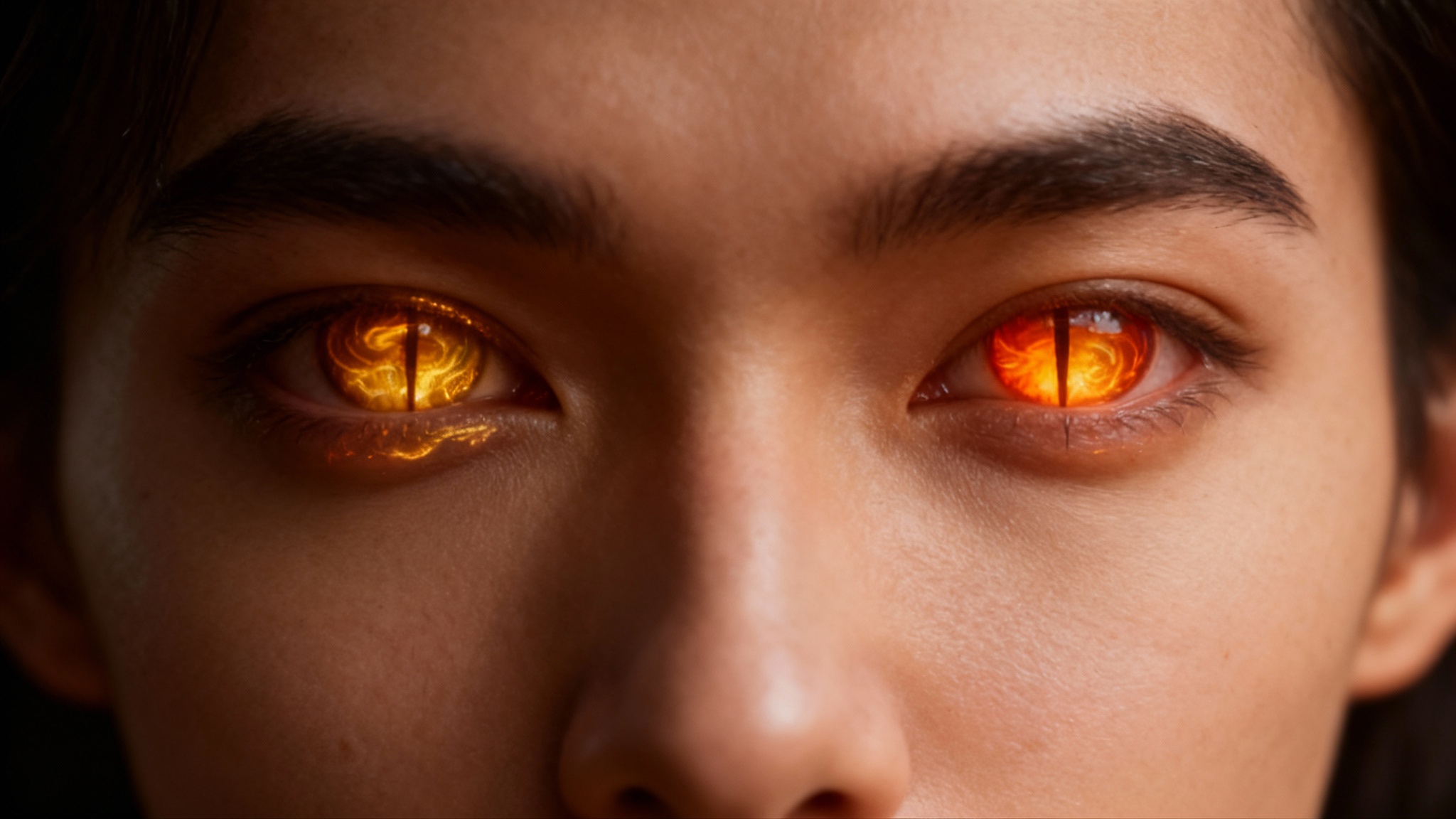 A close-up, photorealistic image showing a person's face after applying a 'dragon eyes effect'. Their eyes are transformed into glowing, fiery orange and yellow irises with vertical slit pupils, demonstrating the final result of the effect.