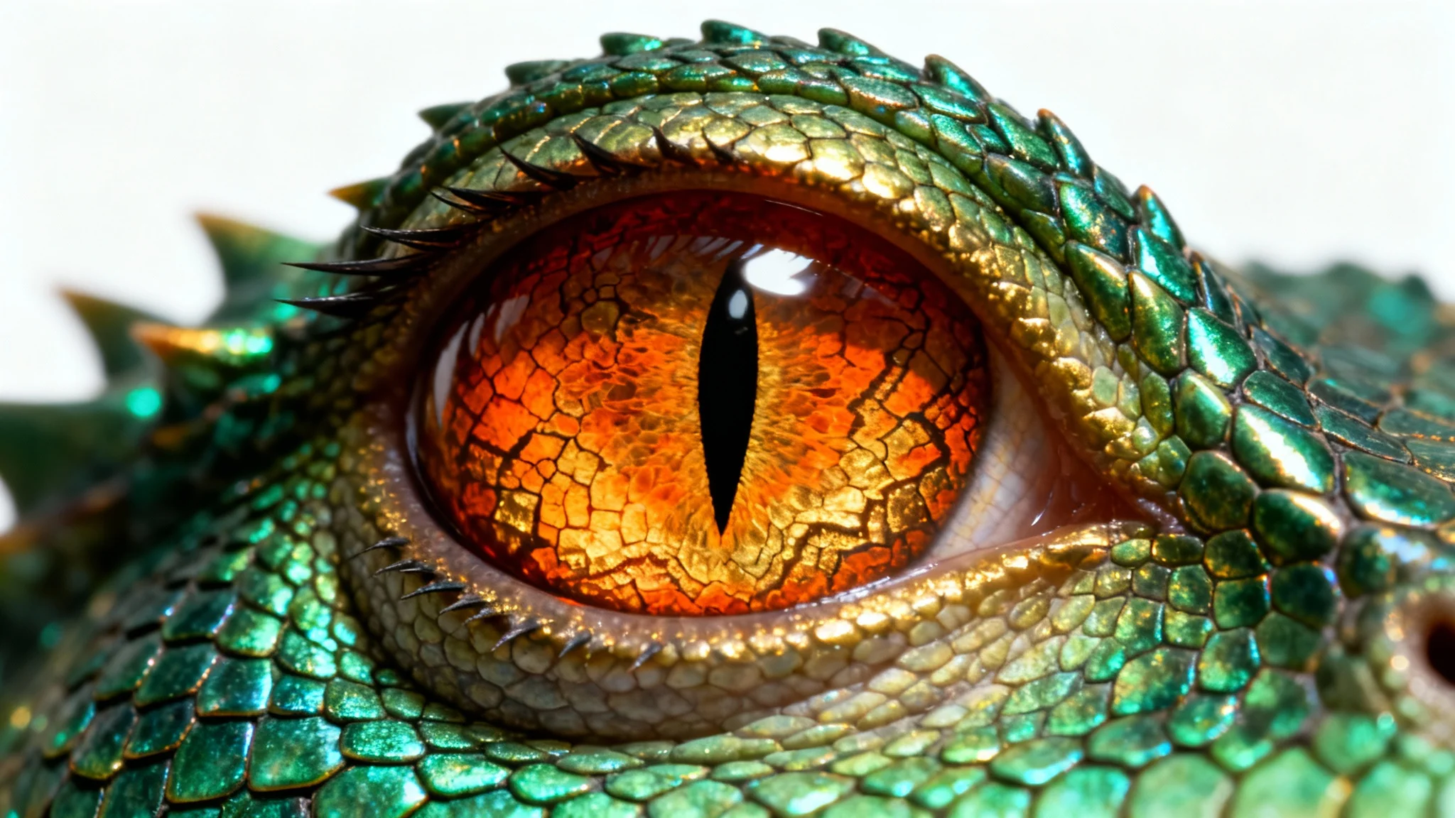 A hyper-realistic close-up of a dragon's eye, featuring a fiery orange iris, a vertical slit pupil, and shimmering green scales on the surrounding skin, set against a plain white background.