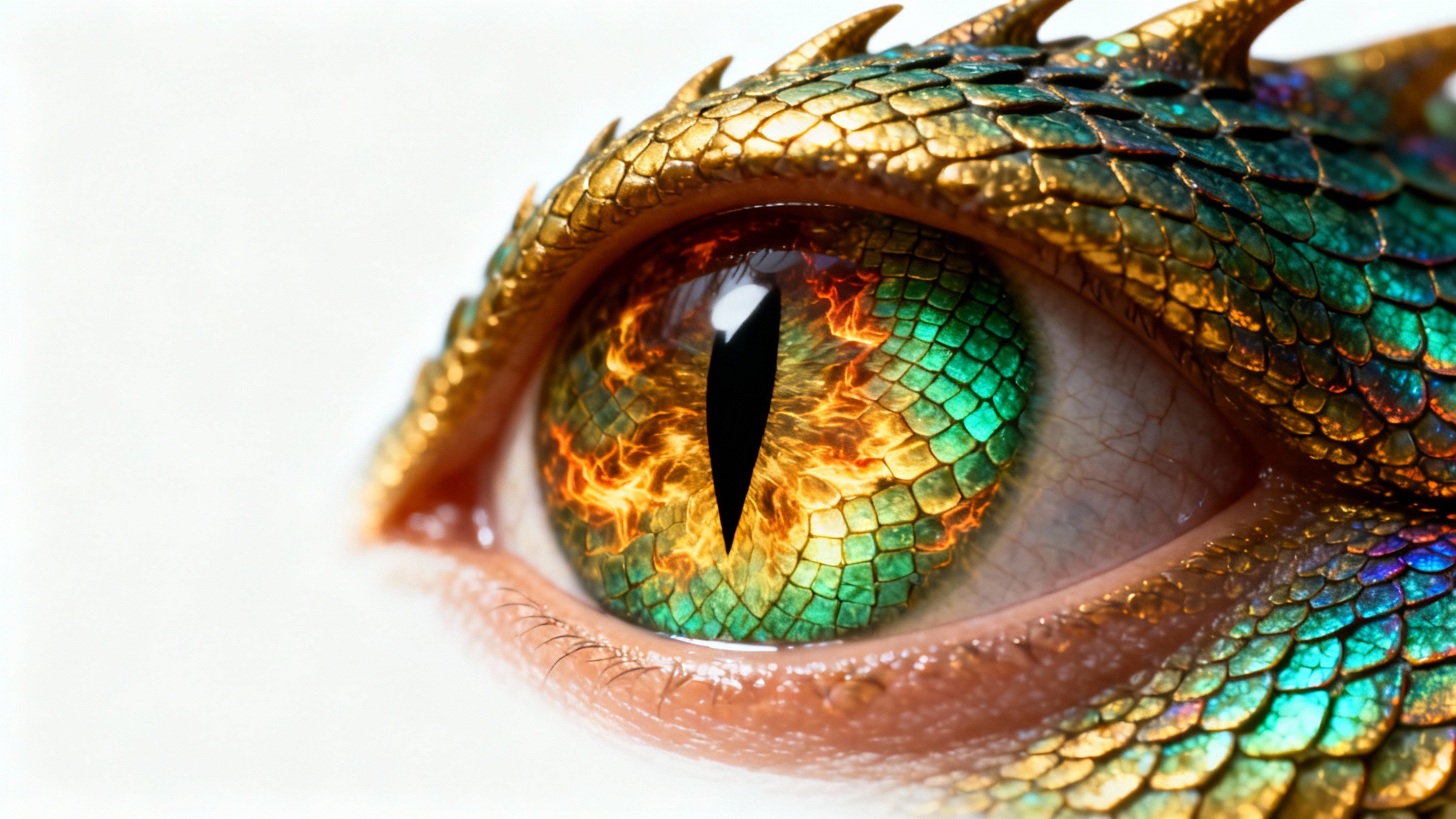 An extreme close-up of a human eye transformed to look like a mythical dragon's eye, with a golden and green scaly iris and a vertical slit pupil, on a white background.