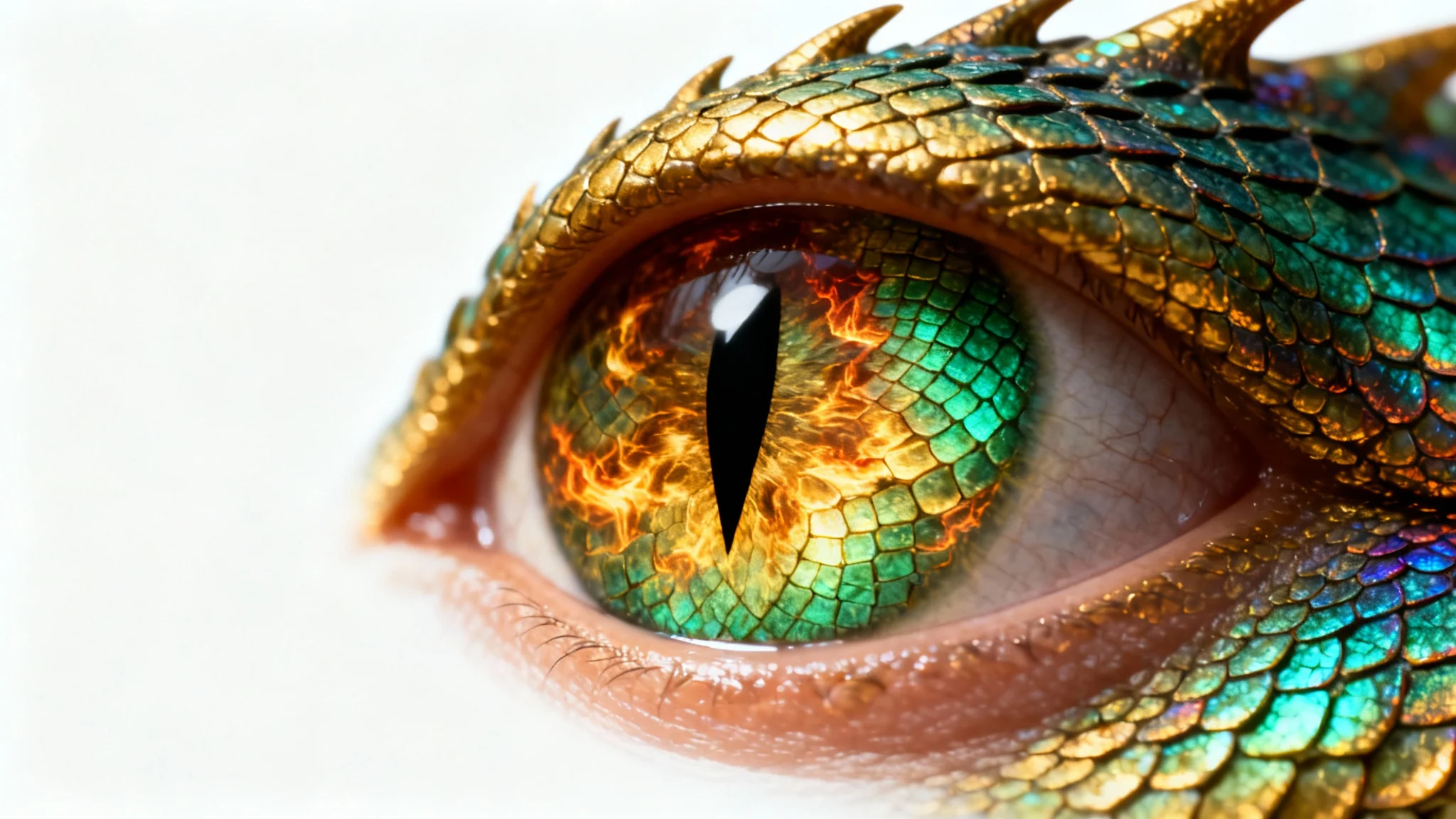 An extreme close-up of a human eye transformed to look like a mythical dragon's eye, with a golden and green scaly iris and a vertical slit pupil, on a white background.