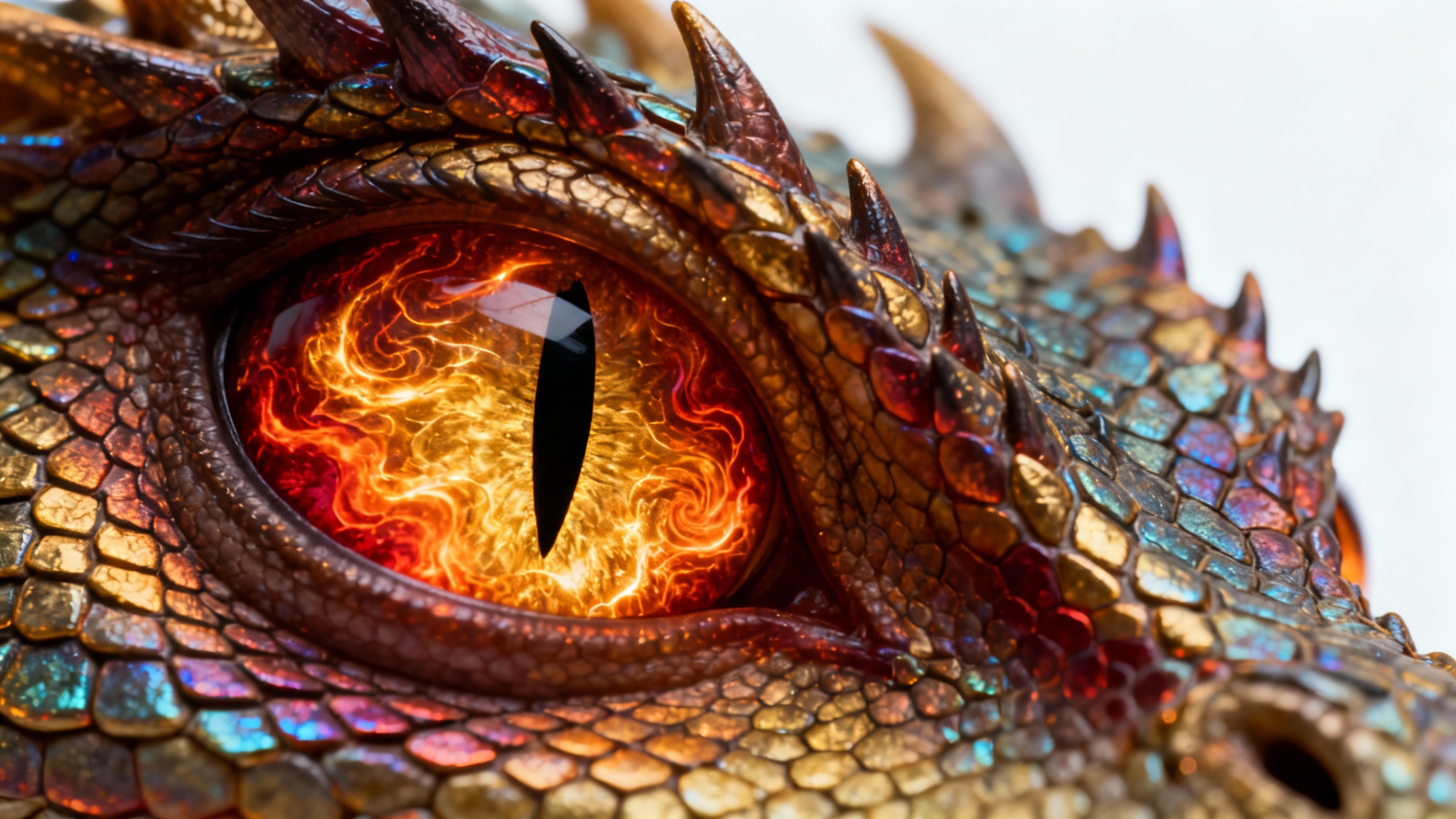 An intense, hyper-realistic close-up of a pair of dragon's eyes against a white background, featuring fiery golden irises, vertical pupils, and subtle reptilian skin texture.