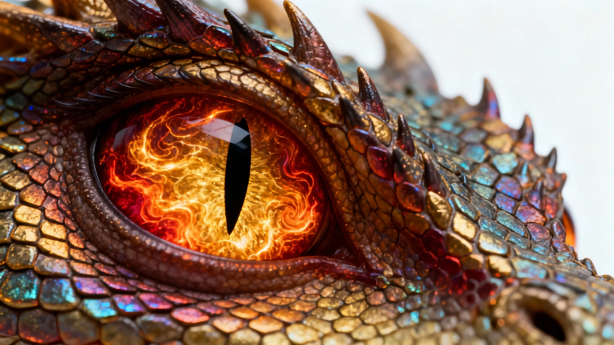 An intense, hyper-realistic close-up of a pair of dragon's eyes against a white background, featuring fiery golden irises, vertical pupils, and subtle reptilian skin texture.