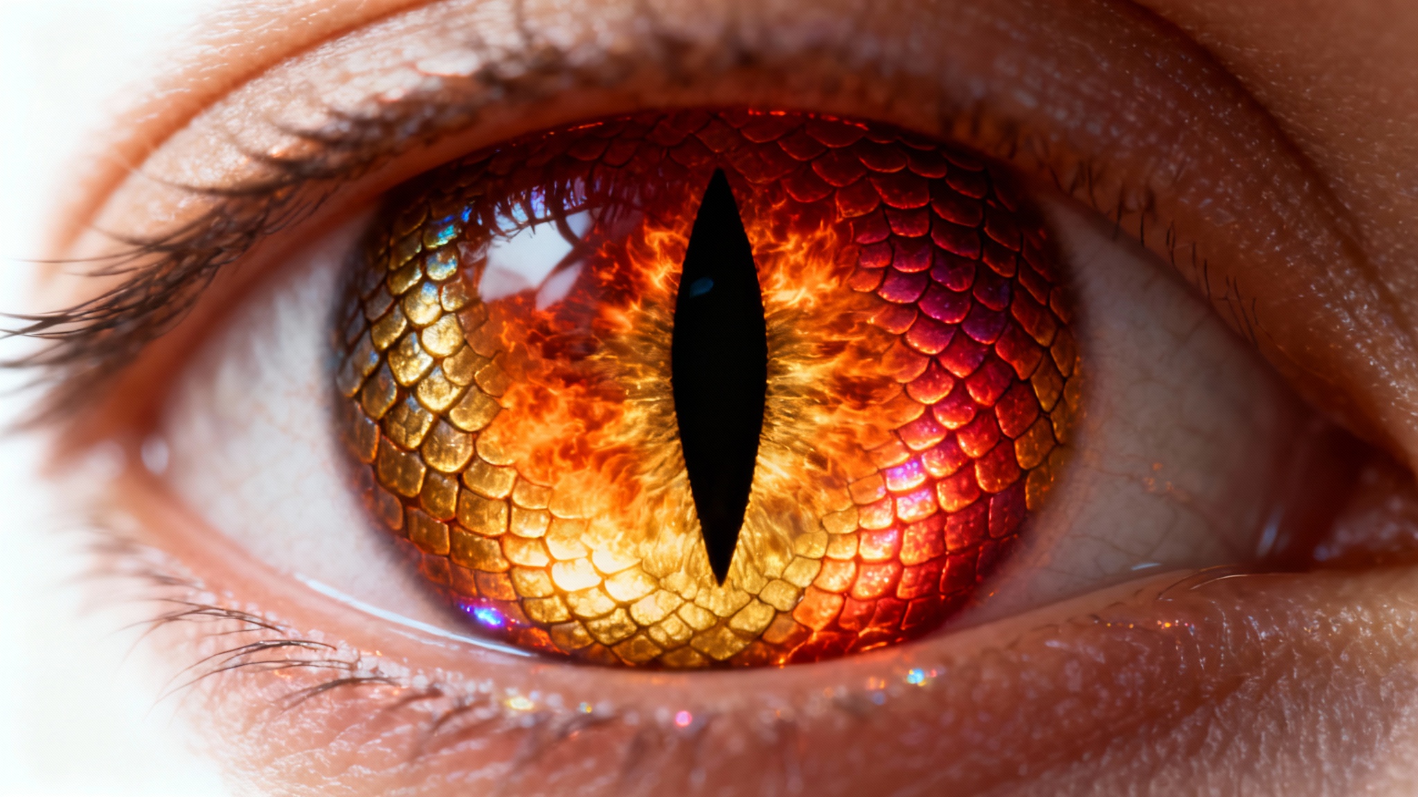 A hyper-realistic close-up of an eye with a dragon effect, featuring a fiery orange and gold iris with reptilian scales and a vertical slit pupil, set against a plain white background.
