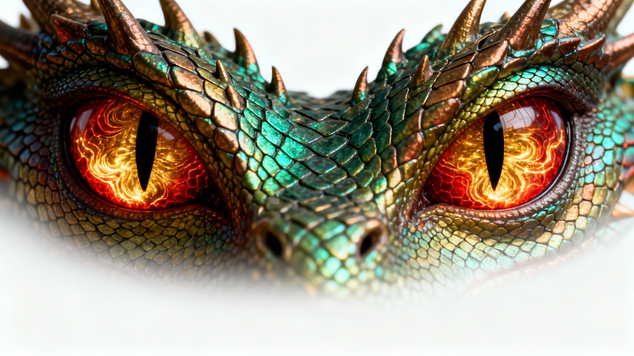 A hyperrealistic, extreme close-up of a pair of dragon eyes with fiery golden irises, vertical slit pupils, and scaly green skin, shown against a stark white background to demonstrate a visual effect.