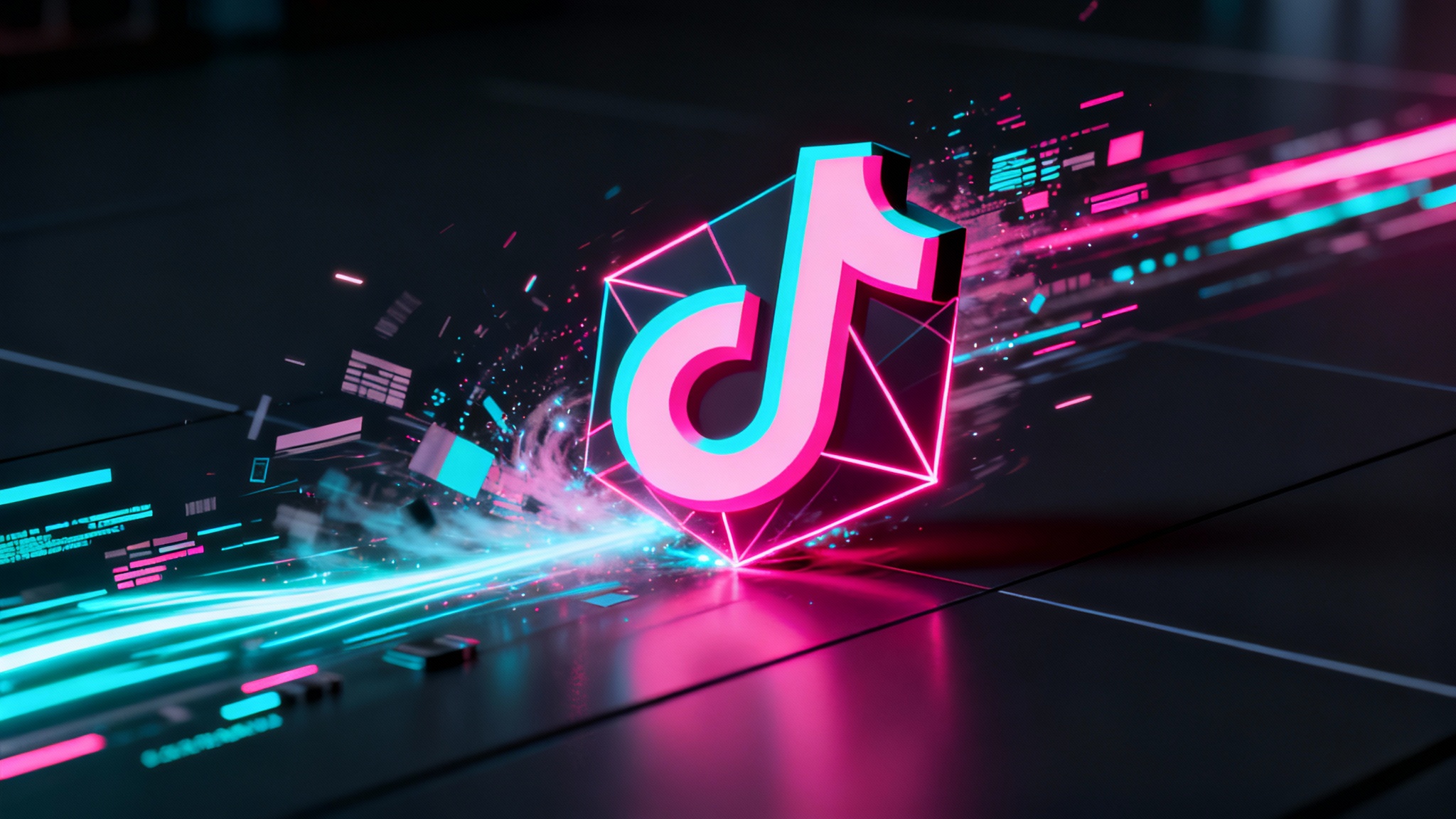 A dynamic hero image showing a finished TikTok logo animation, featuring a glowing neon geometric logo with glitch effects and light trails against a dark background.