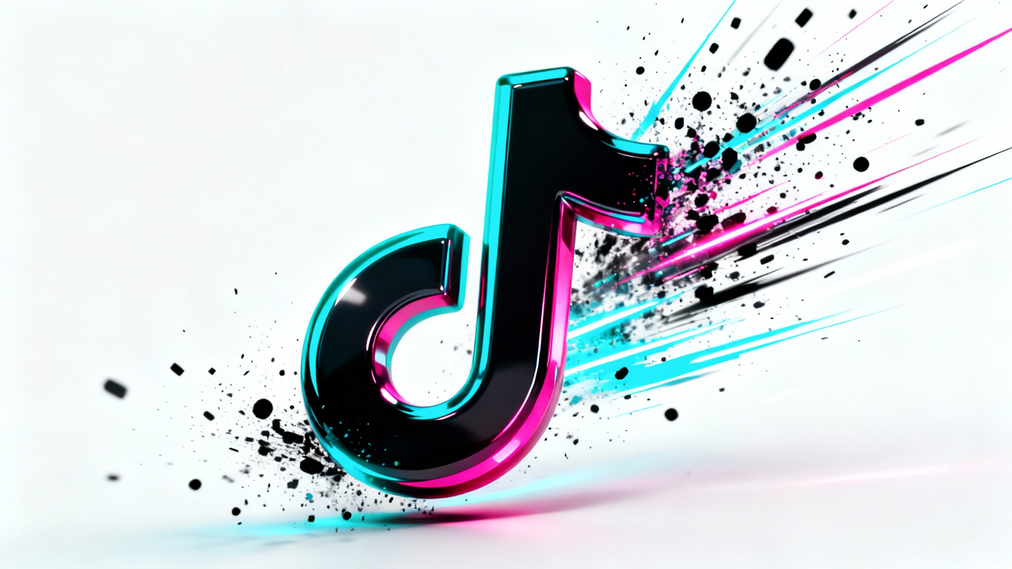 A photorealistic mockup of a TikTok logo animation, showing the logo with vibrant particle trails and light streaks to represent motion, set against a clean white background.