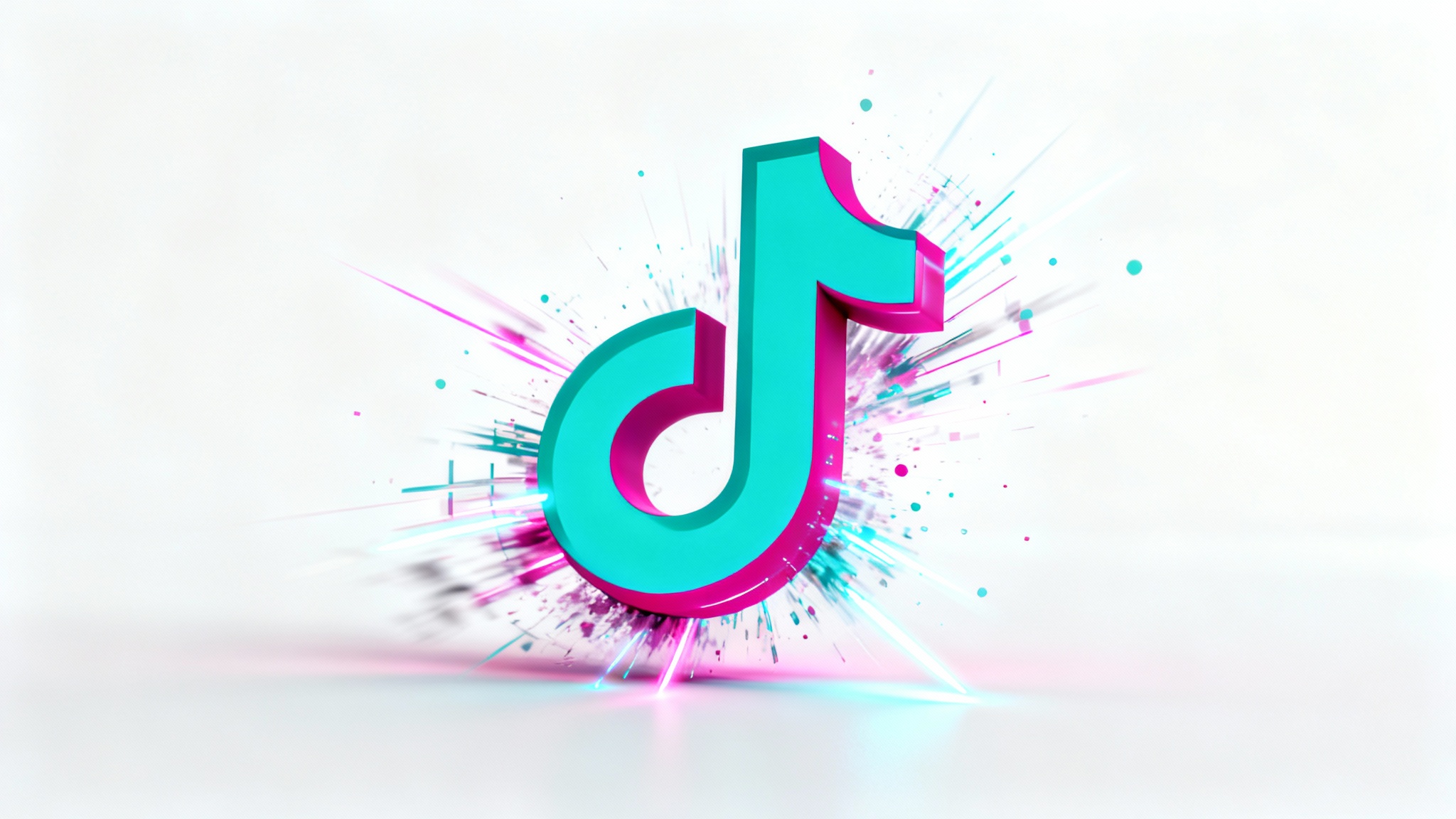A dynamic 3D rendering of the TikTok logo on a white background, appearing to be in motion with vibrant teal and magenta light trails and particles exploding from it, symbolizing animation.