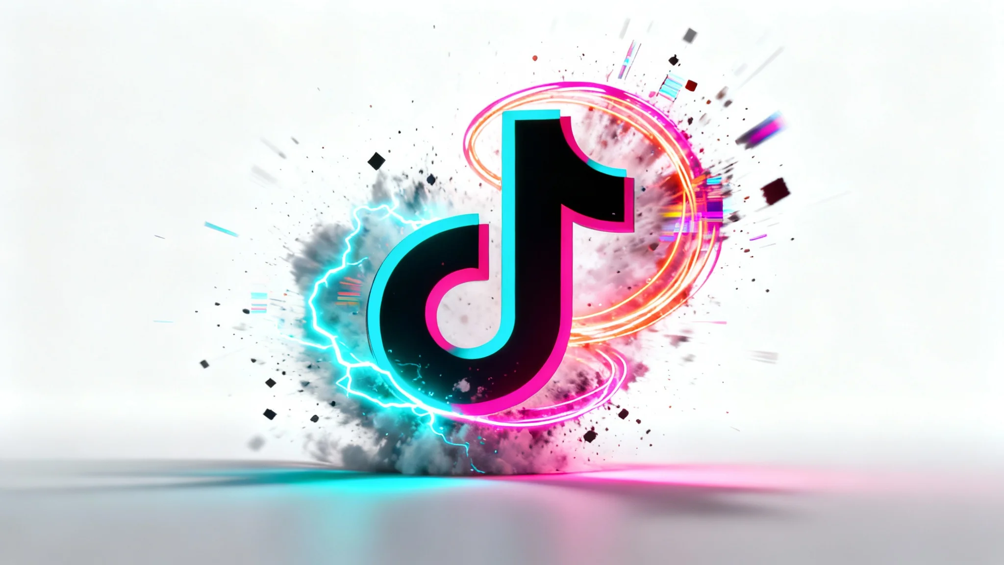 A dynamic 3D rendering of the TikTok logo in mid-animation, with bright pink and blue light trails swirling around it on a clean white background, symbolizing logo animation.