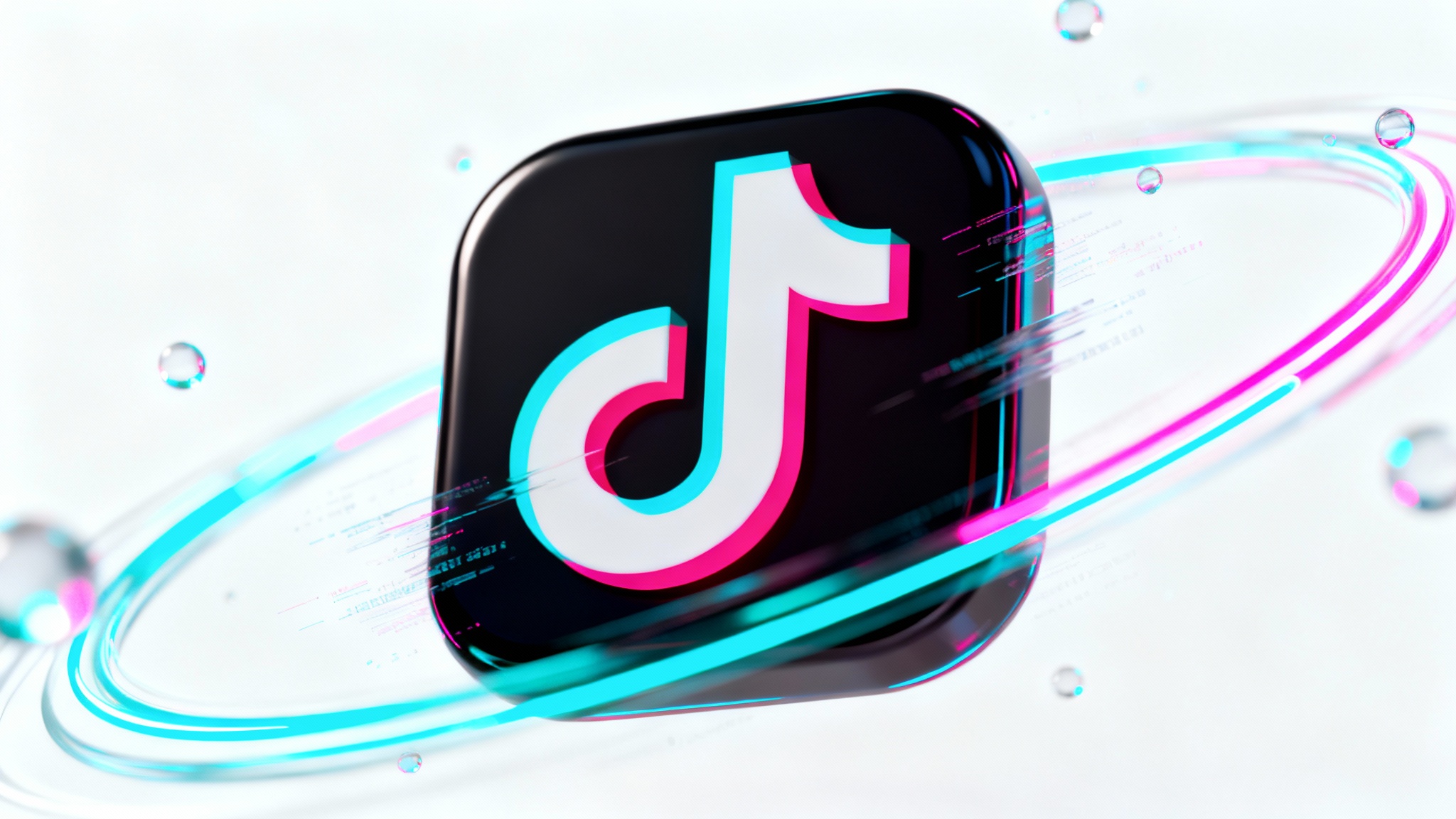 A 3D representation of the TikTok logo captured in mid-animation, with vibrant pink and blue light trails and glitch effects, set against a stark white background.