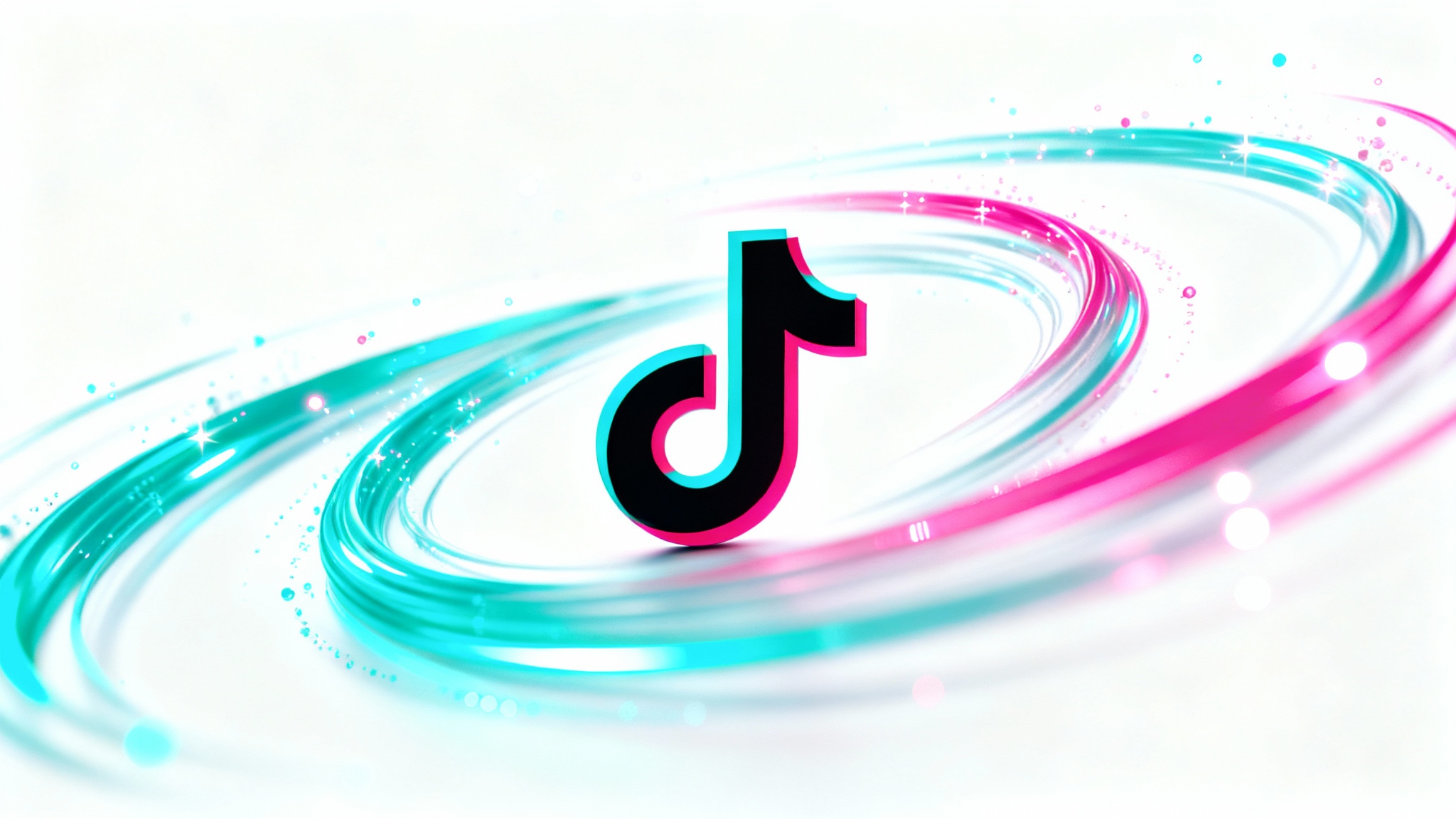 A 3D TikTok logo is shown mid-animation, with vibrant cyan and magenta light trails swirling around it against a clean white background, representing a logo animation.