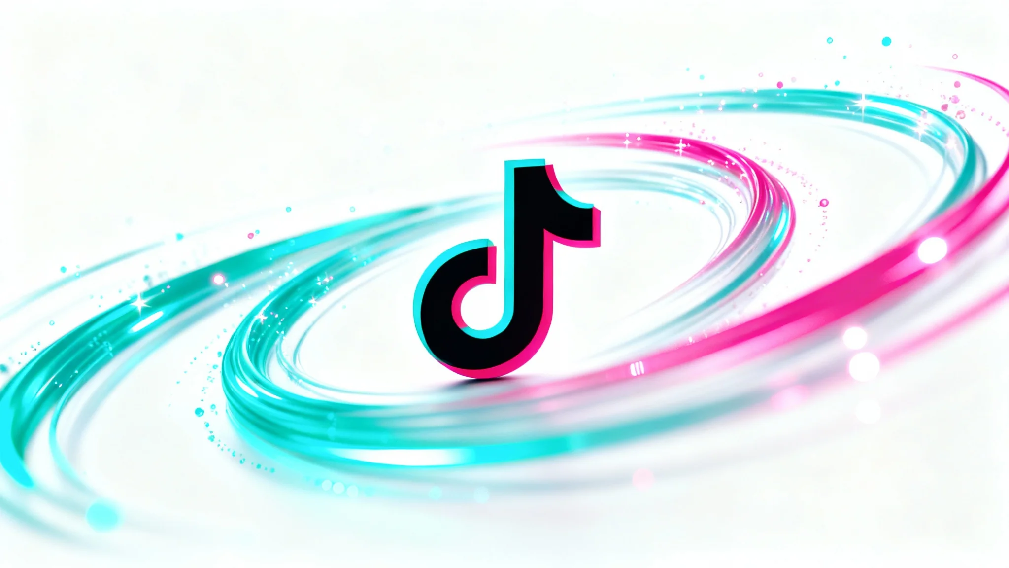 A 3D TikTok logo is shown mid-animation, with vibrant cyan and magenta light trails swirling around it against a clean white background, representing a logo animation.