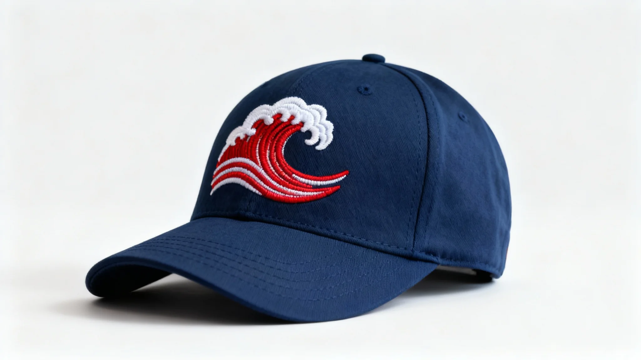 A high-quality product photo of a navy blue baseball cap with a custom embroidered design of a stylized red and white wave, shown on a clean studio background.