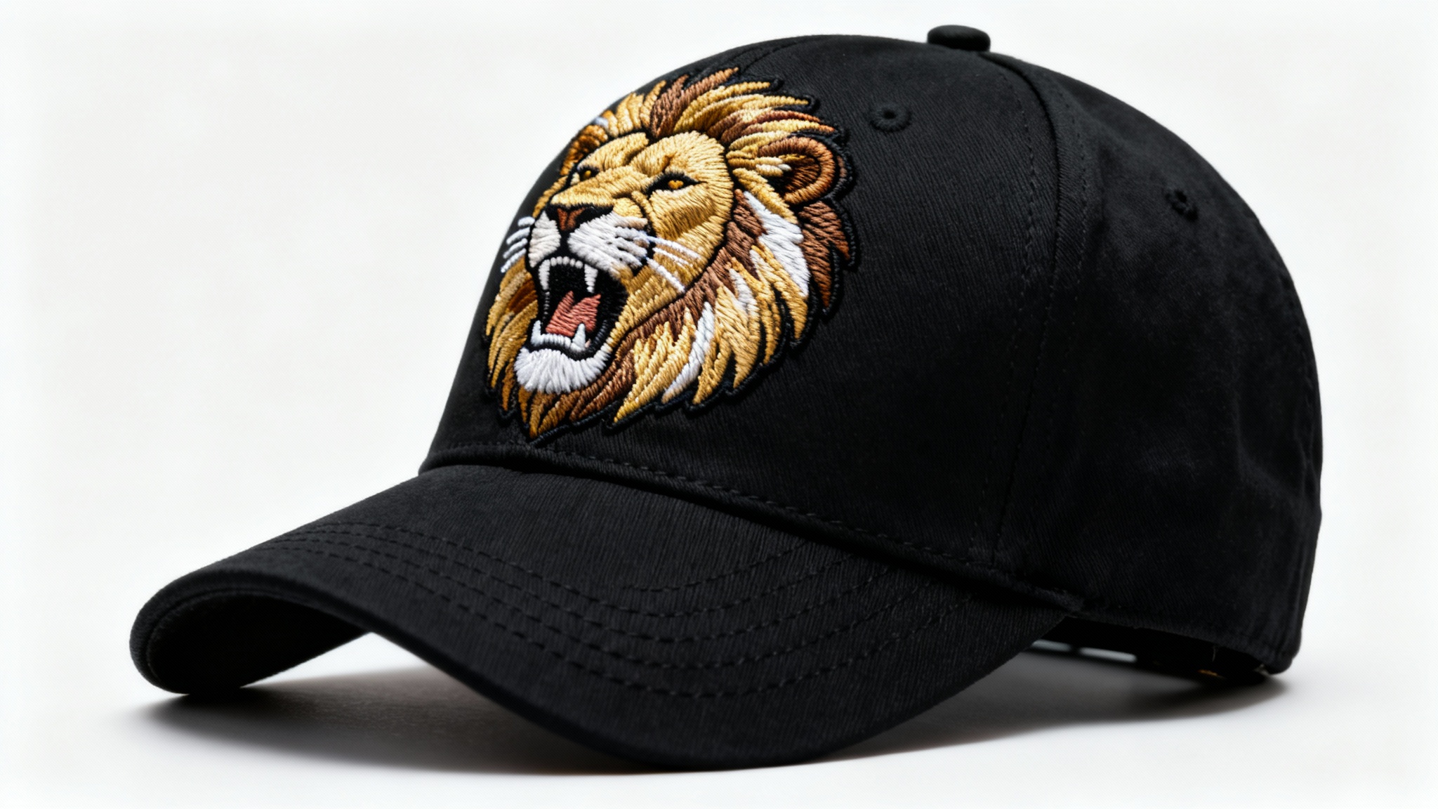 A close-up, professional photograph of a black baseball cap featuring a highly detailed, textured embroidery of a roaring lion's head in gold and white threads, set against a clean white background.