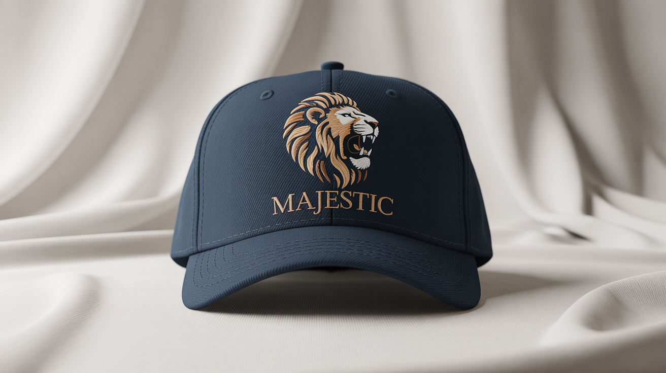 A high-quality navy blue baseball cap mockup featuring a detailed embroidery of a roaring lion's head in gold and bronze threads, with the word 'MAJESTIC' embroidered below, all on a clean white background.