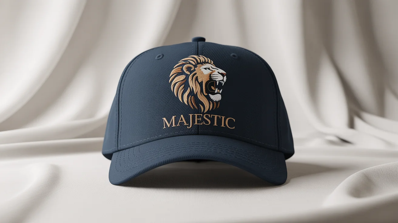 A high-quality navy blue baseball cap mockup featuring a detailed embroidery of a roaring lion's head in gold and bronze threads, with the word 'MAJESTIC' embroidered below, all on a clean white background.