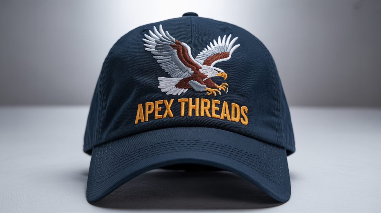 A high-quality navy blue baseball cap on a white background, featuring a detailed 3D embroidered design of an eagle and the words 'APEX THREADS'.