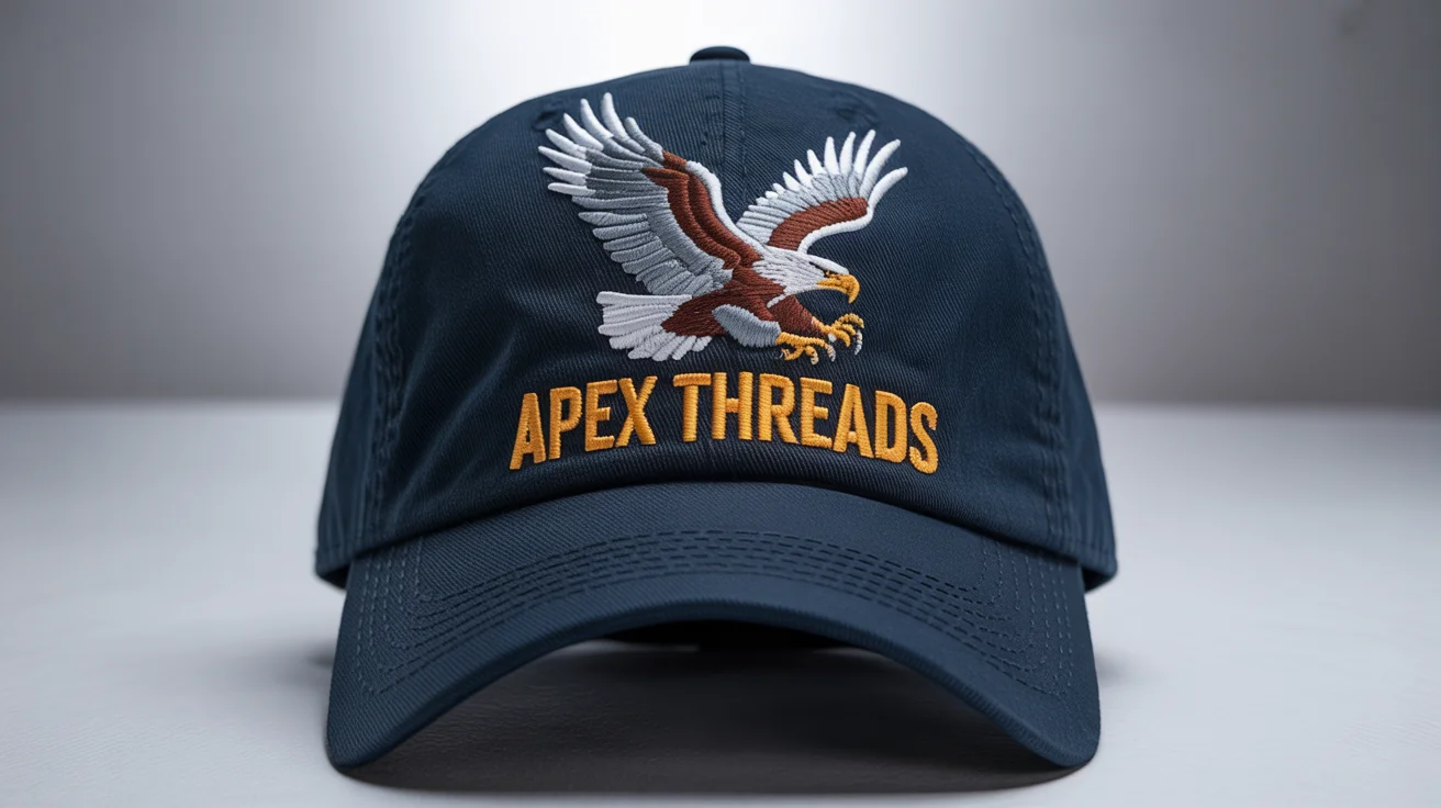 A high-quality navy blue baseball cap on a white background, featuring a detailed 3D embroidered design of an eagle and the words 'APEX THREADS'.